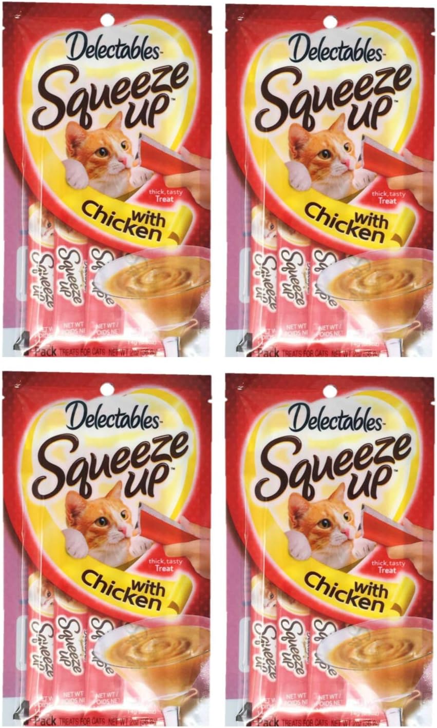 Delectables Squeeze Up Hartz Cat Treats Bundle of 4 Flavor Pouches, 2.0 oz Each (Chicken)