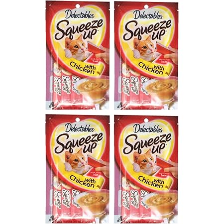 Delectables Squeeze Up Hartz Cat Treats Bundle of 4 Flavor Pouches, 2.0 oz Each (Chicken)