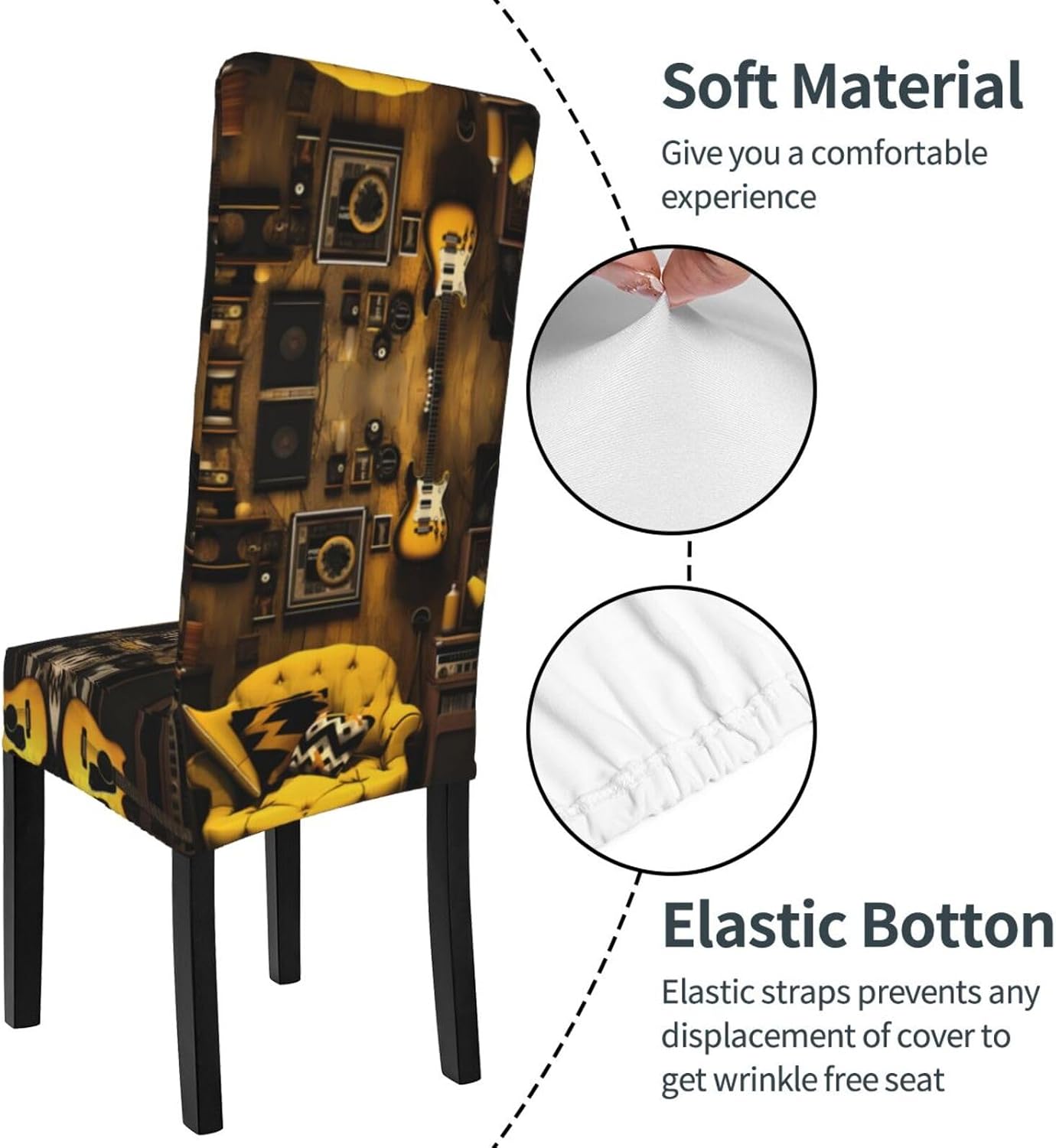 Mustard Yellow and Black Prints Protection Cover for Dining Chair - Stretchable Chair Throw Covers for Dining Room, Hotel Event Party