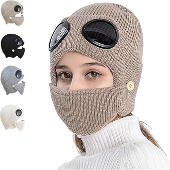 Unisex Winter Ski Beanie Hat with Goggles and Detachable Mask, 3-in-1 Unisex Knitted Goggles Beanie for Cold Weather