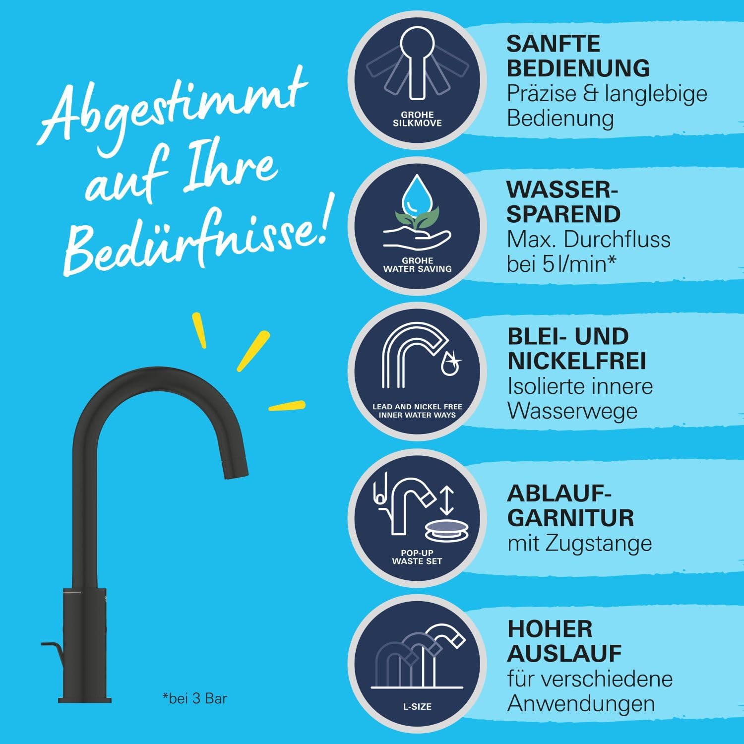 GROHE Start, Waschtischarmatur hoch, wassersparend (Wasserhahn für das Bad, schwenkbar, Zugstangen-Ablauf, 31cm hoch, mit 3in1 Werkzeug, einfache Installation am Waschbecken), schwarz, 242032432