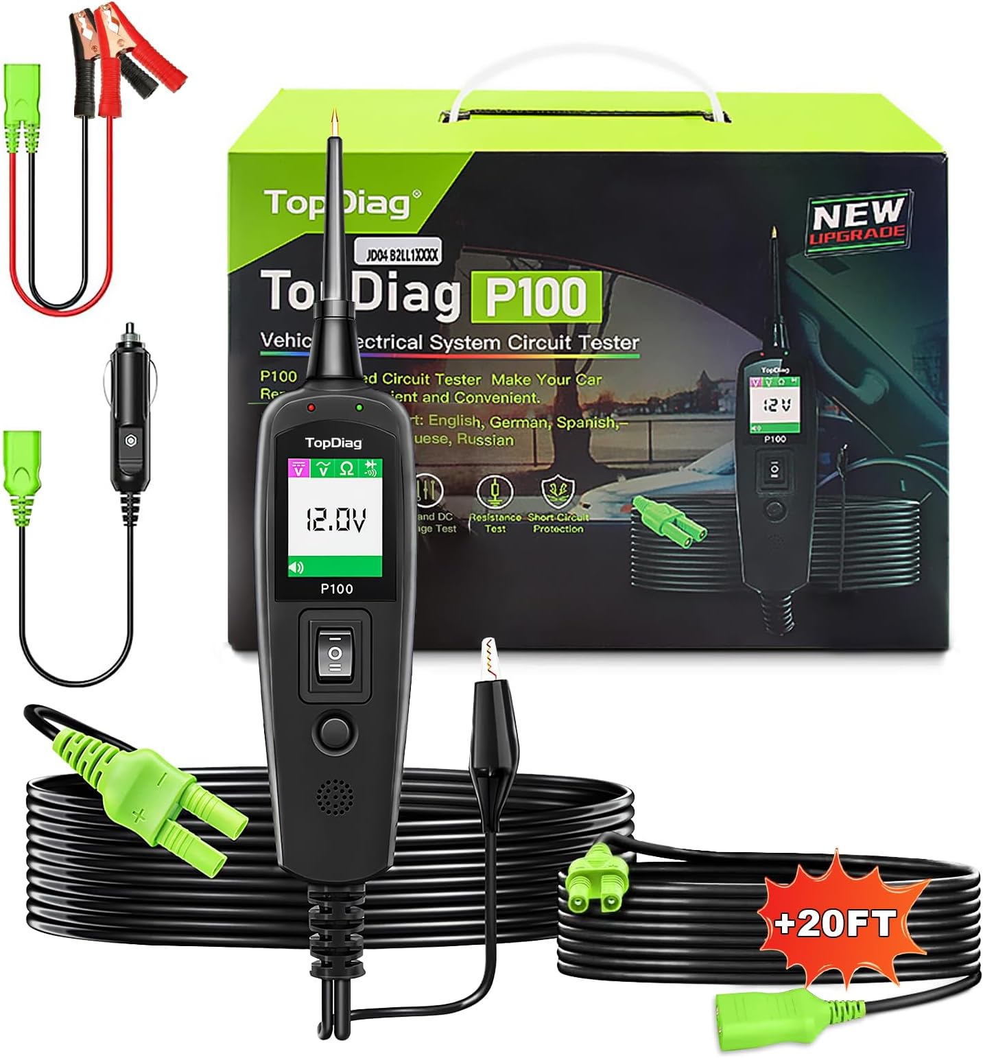 TopDiag P100 Automotive Circuit Tester 12V 24V Power Circuit Probe Tester, Car Electrical Test Tool Kit AC DC Digital Voltage Tester, Auto Diagnostic Kit for Vehicle Trailer Truck Motorcycle Boat