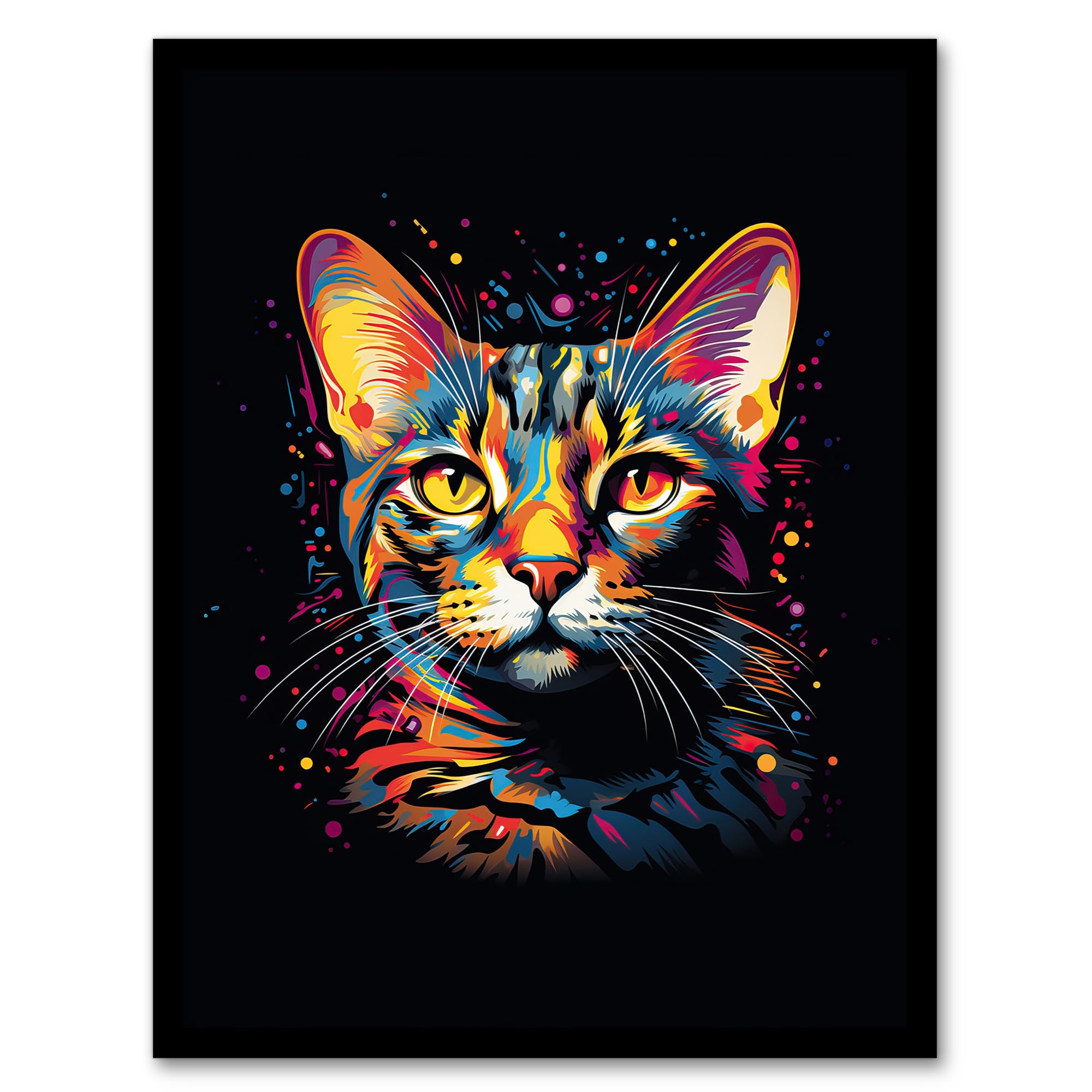 Artery8 Framed A4 Bengal Cat Lover Gift Pet Portrait Orange Purple Blue On Black Artwork Painting Artwork Framed Wall Art Print A4