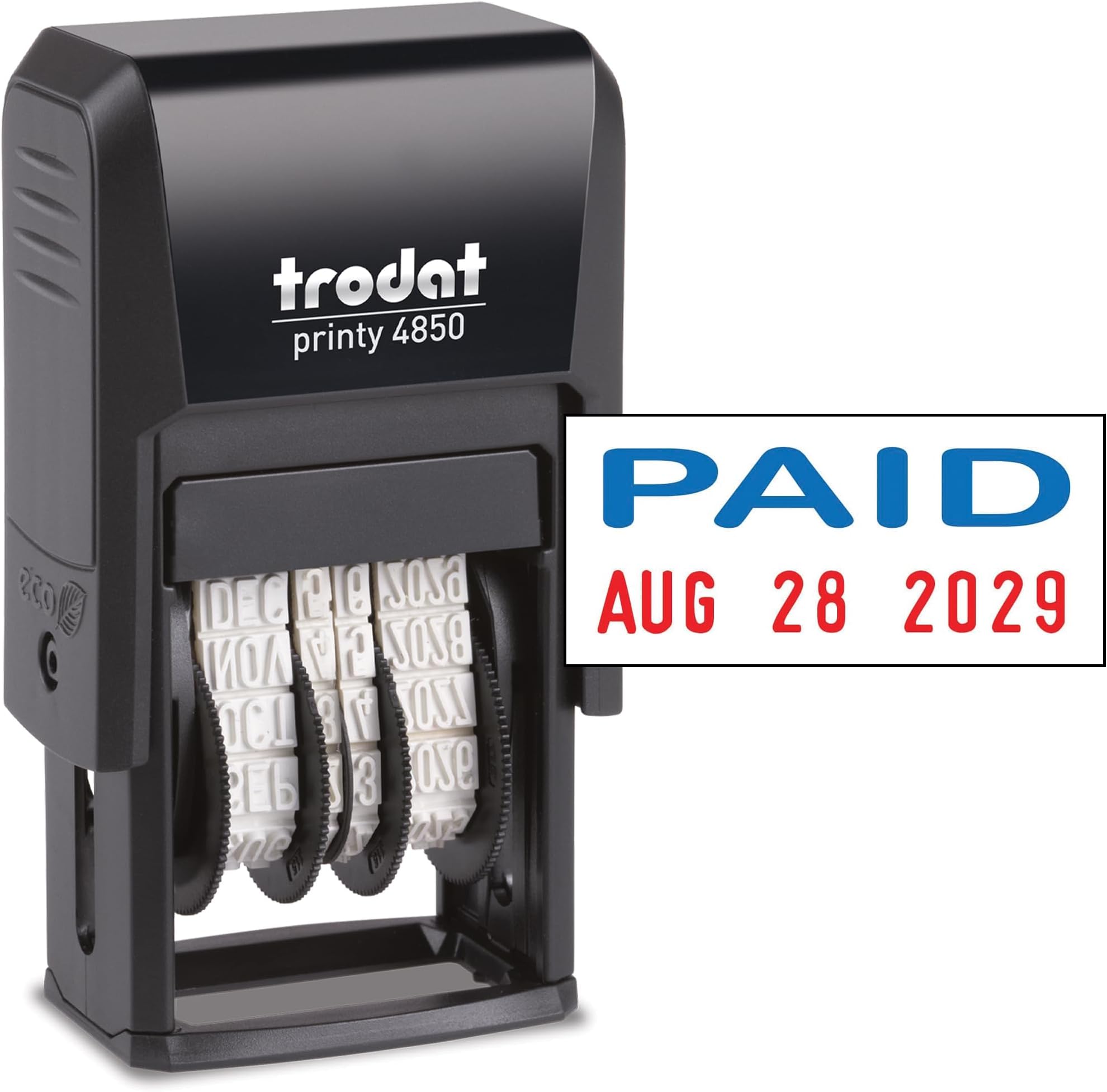Trodat Printy 4850 Date Stamp โ Pocket Sized Self-Inking Stamp with Paid Message โ Blue and Red Ink, 3/4" x 1"