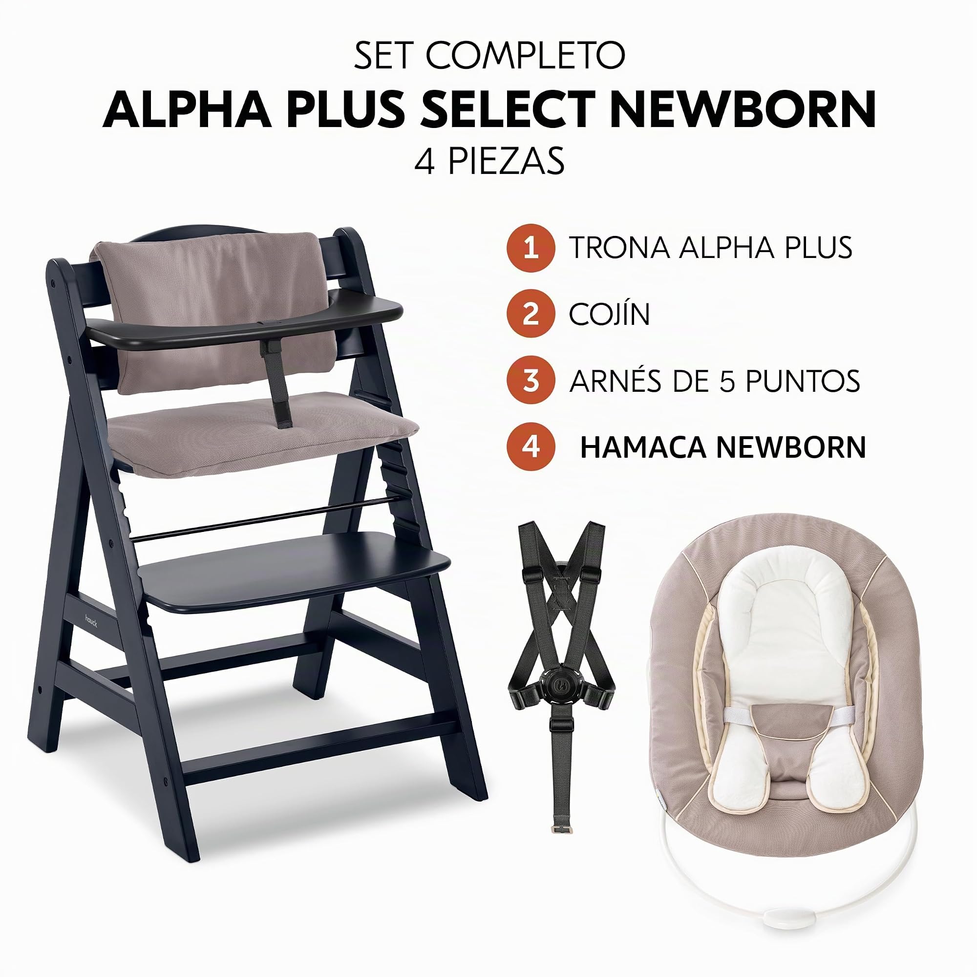 hauck Alpha Plus Newborn Set Trona Evolutiva Recién Nacidos con Hamaca Cojín y Arnés - Silla Alta de Madera para Bebés desde el Nacimiento - Tronas Primeras Comidas para Niños - Beige Negro | Trona de madera para niños desde el nacimiento hasta 90 kg, inc