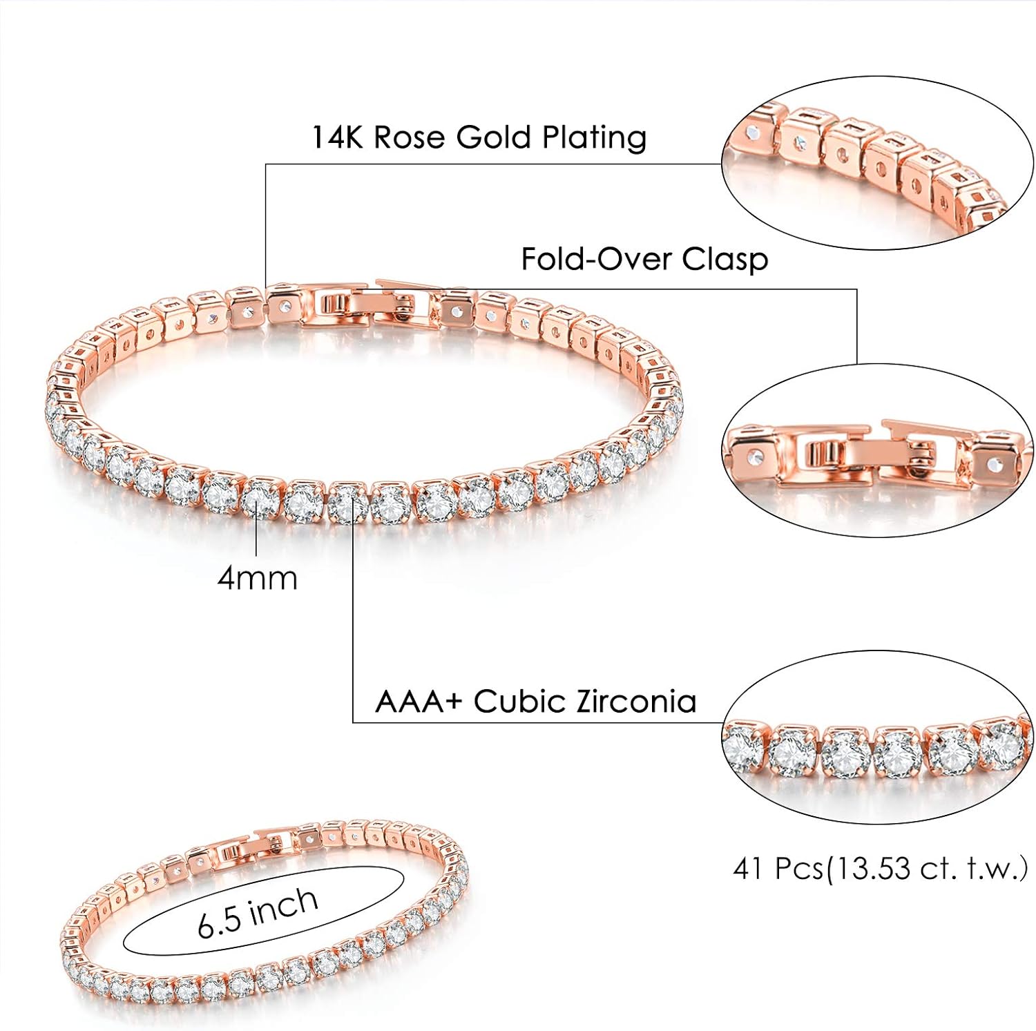 3 Pcs Tennis Bracelets for Women 14K Gold Plated 4mm 5A+ Cubic Zirconia CZ Diamond Classic Adjustable Slider Bracelet Fashion Jewelry Wedding Gift Size 6.5-7.5 Inch - Image 5
