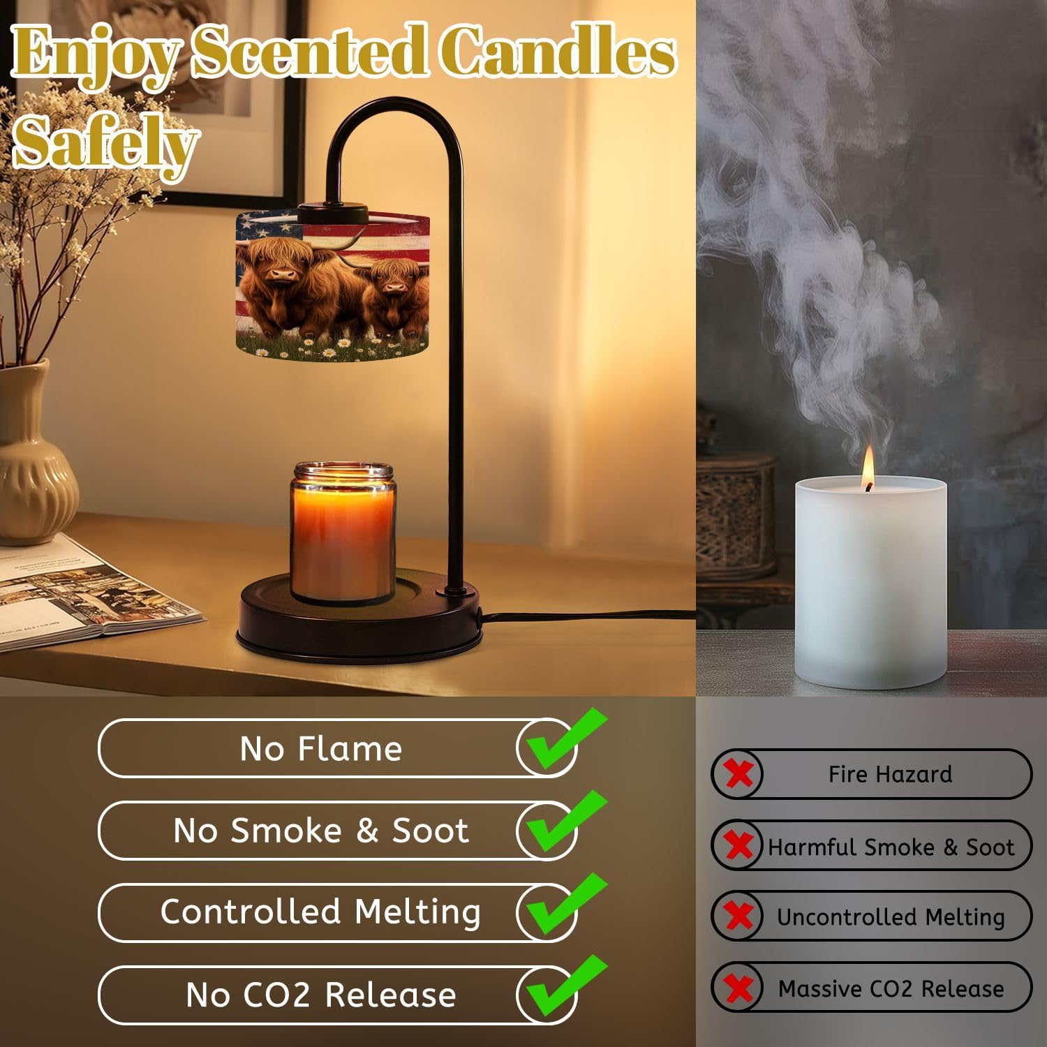 Candle Warmer Lamp with Timer and Dimmer, Farmhouse Highland Cow American Flag Daisy Floral Vintage Country Cows Wax Melt Warmer with 4 Bulbs, House Warming Birthday Gifts for Women Mom New Home Decor