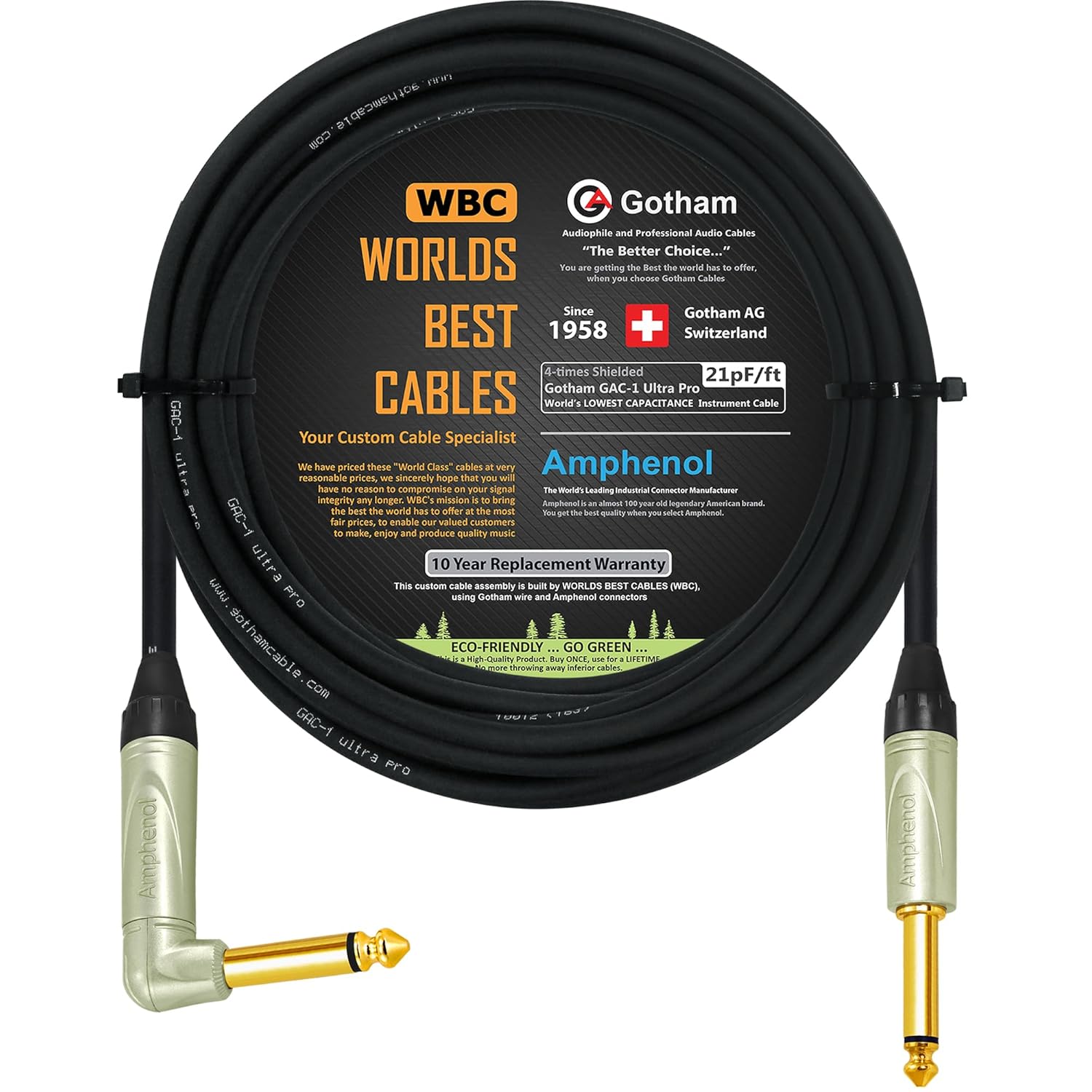 30 Foot - Gotham GAC-1 Ultra Pro (Black) - Premium, Low-Capacitance (21 pf/F) Guitar Bass Instrument Cable - Amphenol QM2R-AU & QM2P-AU ¼ Inch (6.35mm) Gold TS Connectors