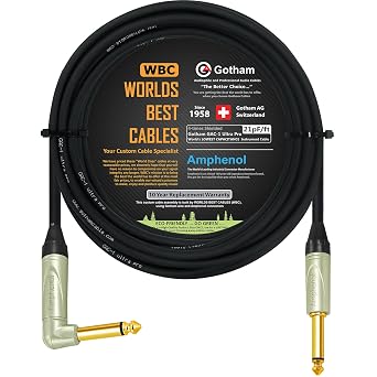 18 Foot - Gotham GAC-1 Ultra Pro Black - Premium, Low-Capacitance 21 pf/F Guitar Bass Instrument Cable - Amphenol QM2R-AU & QM2P-AU 14 Inch 6.35mm Gold TS Connectors