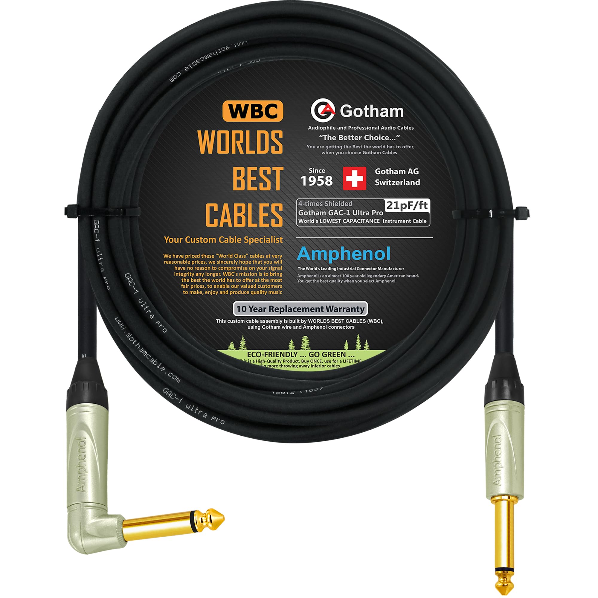 40 Foot - Gotham GAC-1 Ultra Pro (Black) - Premium, Low-Capacitance (21 pf/F) Guitar Bass Instrument Cable - Amphenol QM2R-AU & QM2P-AU ¼ Inch (6.35mm