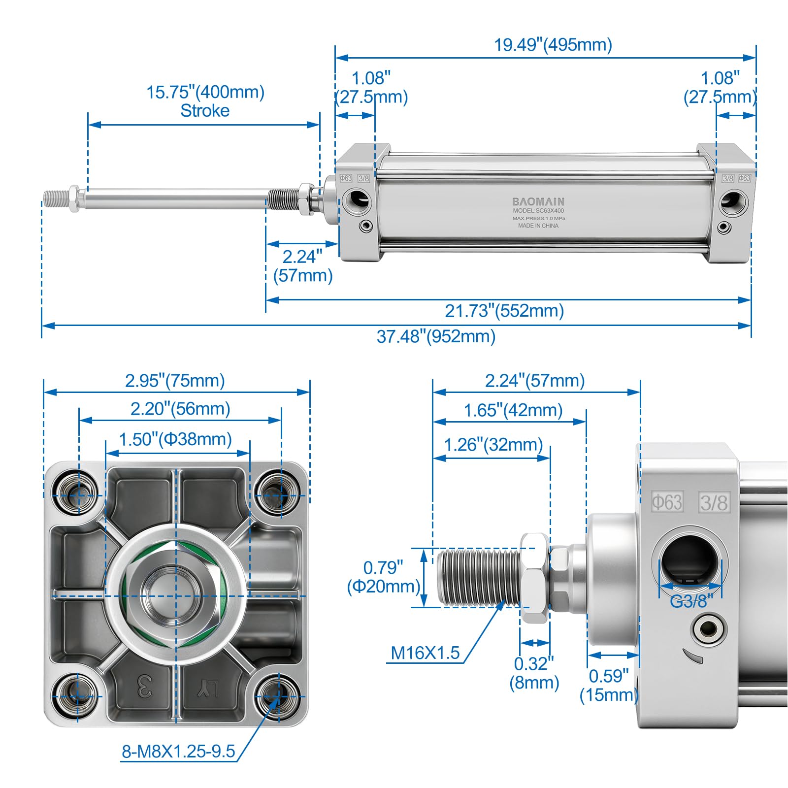 BAOMAIN SC63x400 Double Acting Pneumatic Cylinder, 2.5" Bore, 15.75" Stroke — Amazon image 2