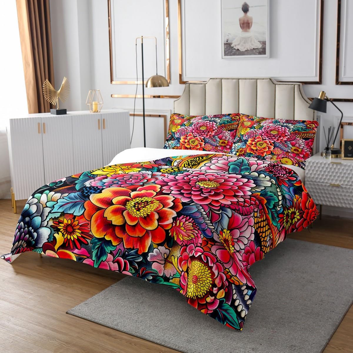Boho Floral Quilted for Bedroom, Bright Blossom Bedspread, Botanical Coverlet Set Colorful Flower Bedspread Quilt Set, Watercolor King Size