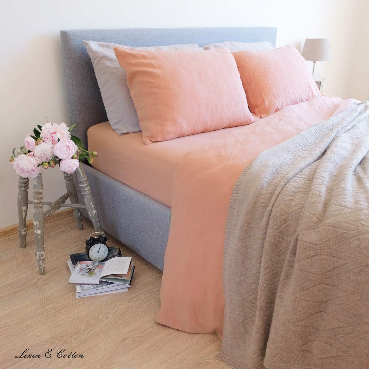 LINEN & COTTON Set Copripiumino/Biancheria da Letto in Lino Lavato (Stonewashed), (200 x 200cm) Matrimoniale, Corallo