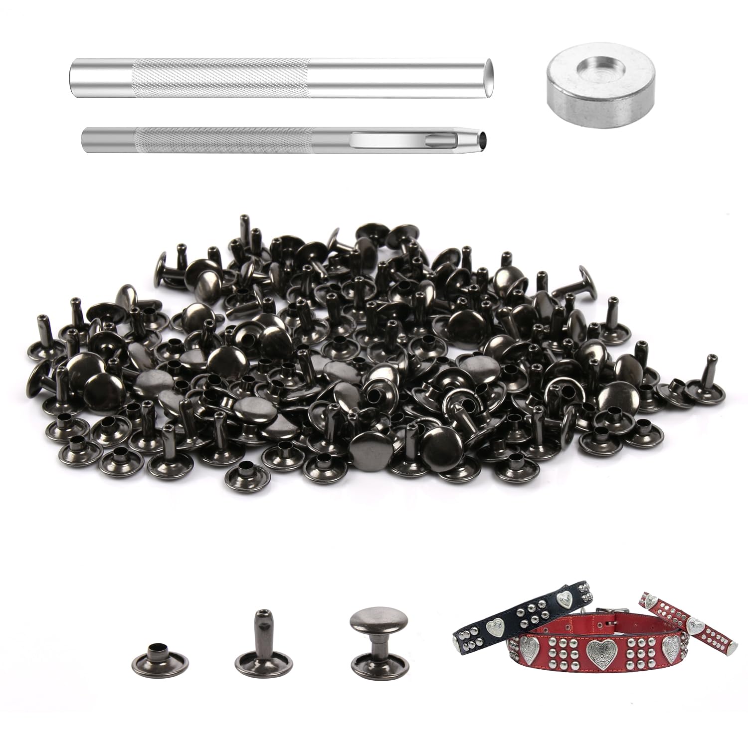 100 Sets Gunmetal Leather Rivets 9x10mm, Double Cap Metal Studs with 3pcs Setting Tool Kit for DIY Leathercraft, Belts, Bags, Shoes, Clothing Repair and Decoration