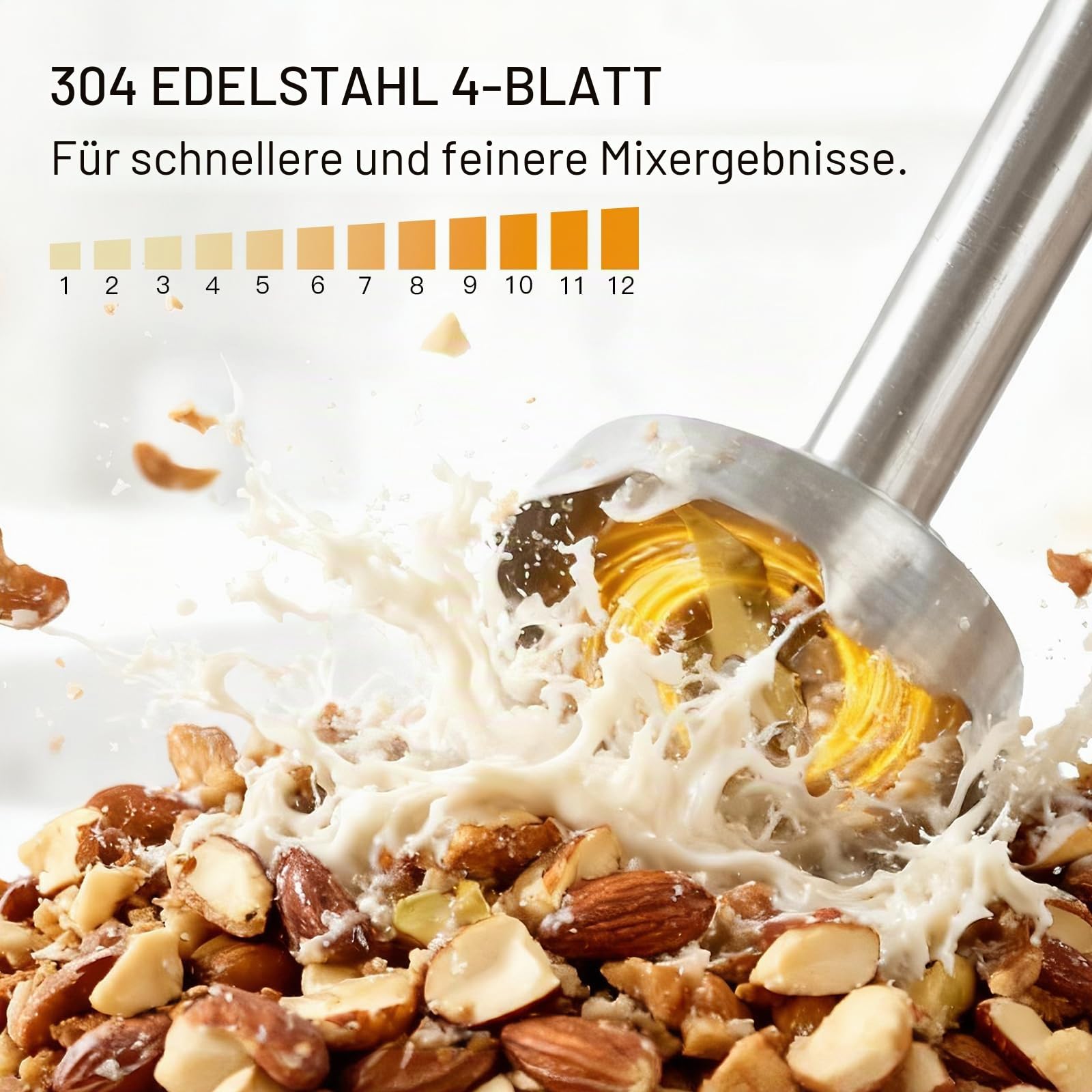 3-in-1 Taucher-Stabmixer, leistungsstarker 1000 W Edelstahl-Stabmixer, 4 scharfe Klingen mit Schneebesen, Milchaufschäumer-Aufsätze