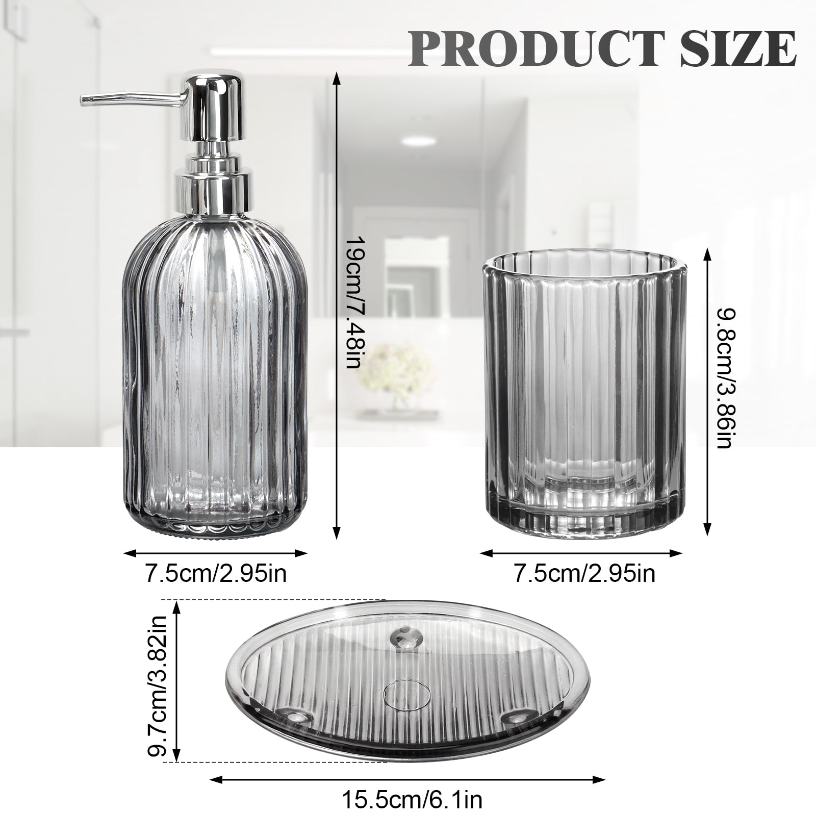 Ensemble d'accessoires de salle de bain en verre transparent 4 pièces comprenant un distributeur de savon, un porte-brosse à dents, un gobelet pour bain de bouche, un porte-savon pour décoration de