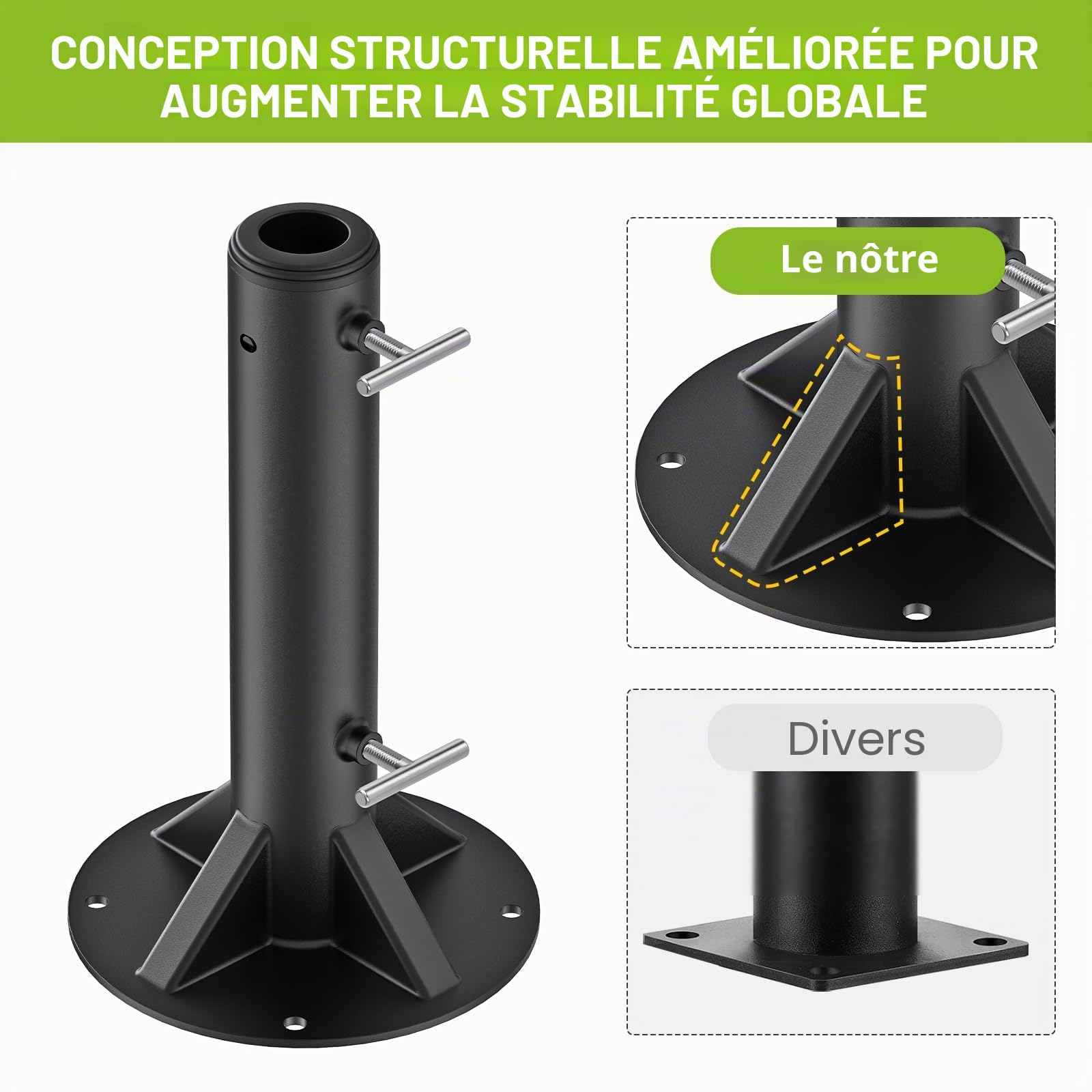 Dolibest Pied Parasol, Support de Tube de Parapluie Base Stable pour Parasol 30cm Hauteur avec 3 Douilles pour Poteaux de 3 à 5cm, Convient Aux Terrasses en BéTon ou Een Bois, Ronde