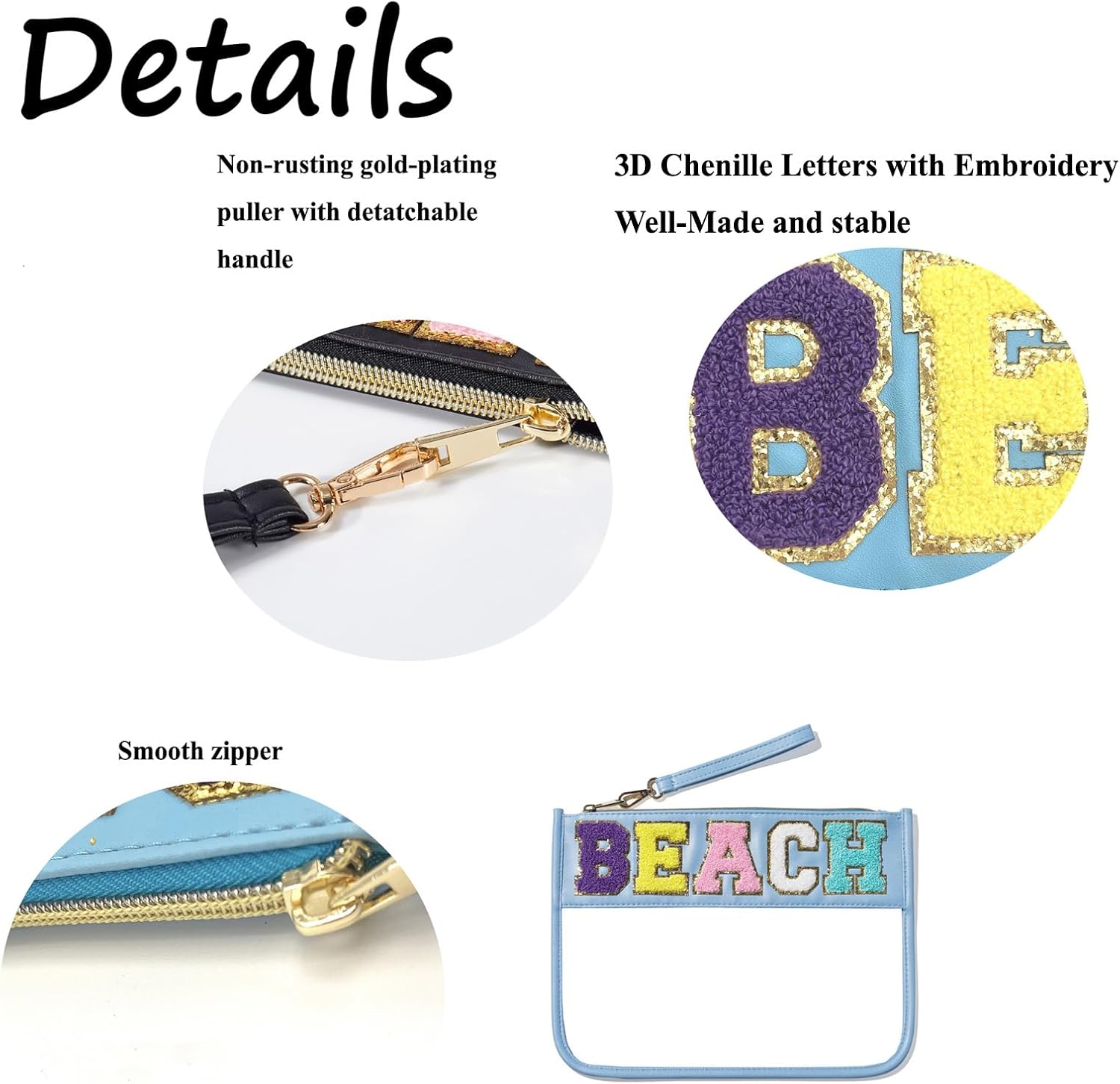 Chenille Letter Clear Cosmetic Bag Transparent Toiletry Bag Waterproof Makeup Bag Preppy Travel Zipper Pouch (Blue Beach) - Image 3