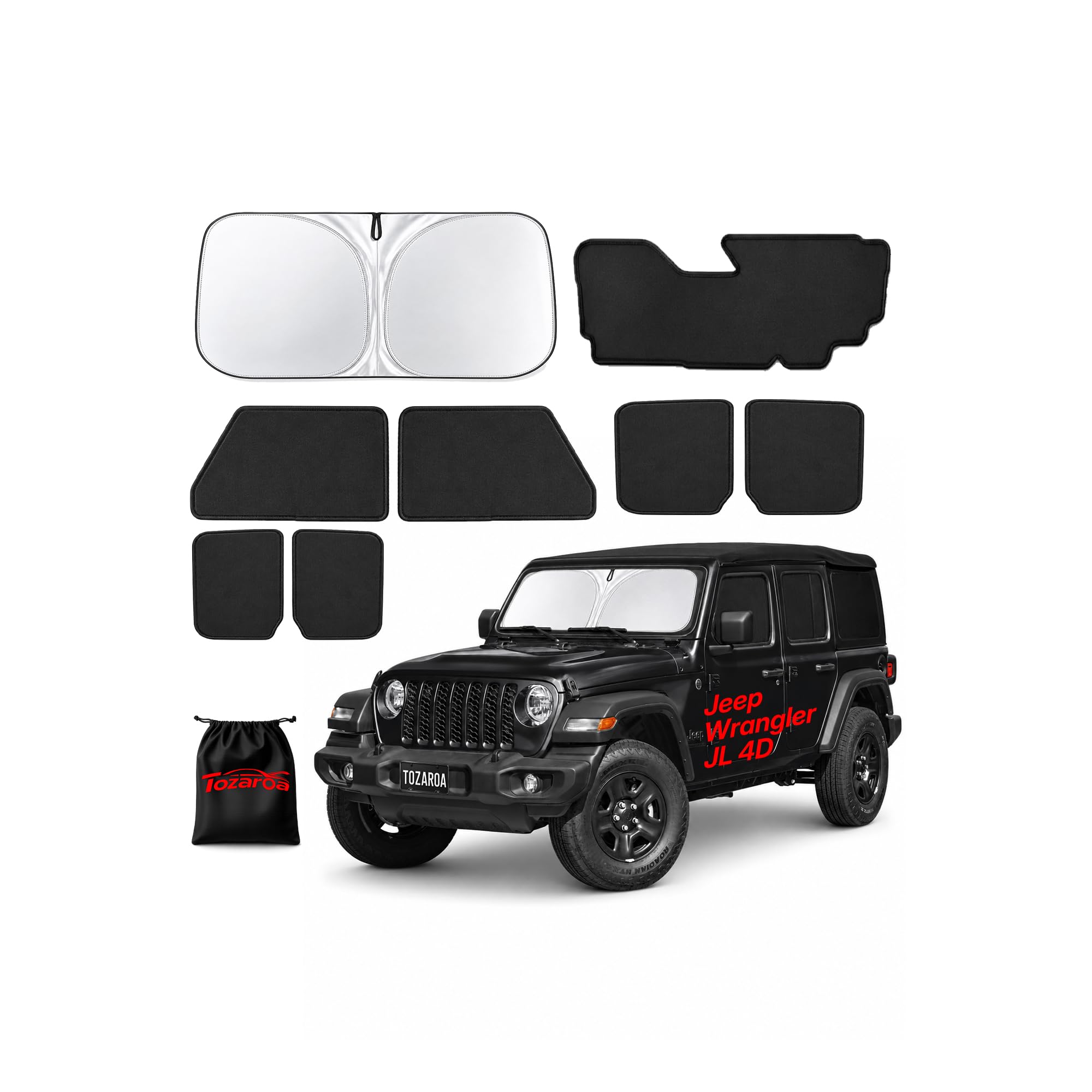 Photo 1 of 9PCS Window Shades for Jeep Wrangler 4 Door 2018-2025, Full Set Windshield Side Rear Window Sun Shade Covers, UV Block Blackout Privacy Sunshades, Foldable Window Visors for Camping Napping, Keep Cool