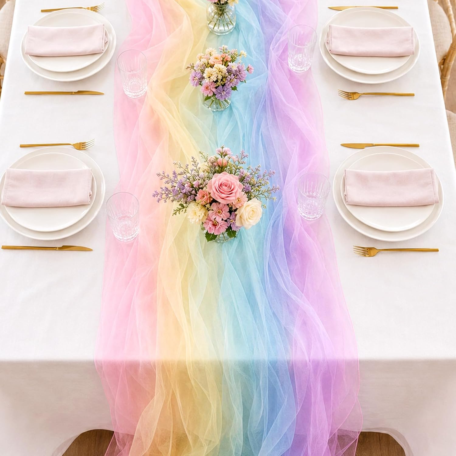 4 Pcs Rainbow Tulle Table Runners, 29x72 in Pastel Party Table Decor