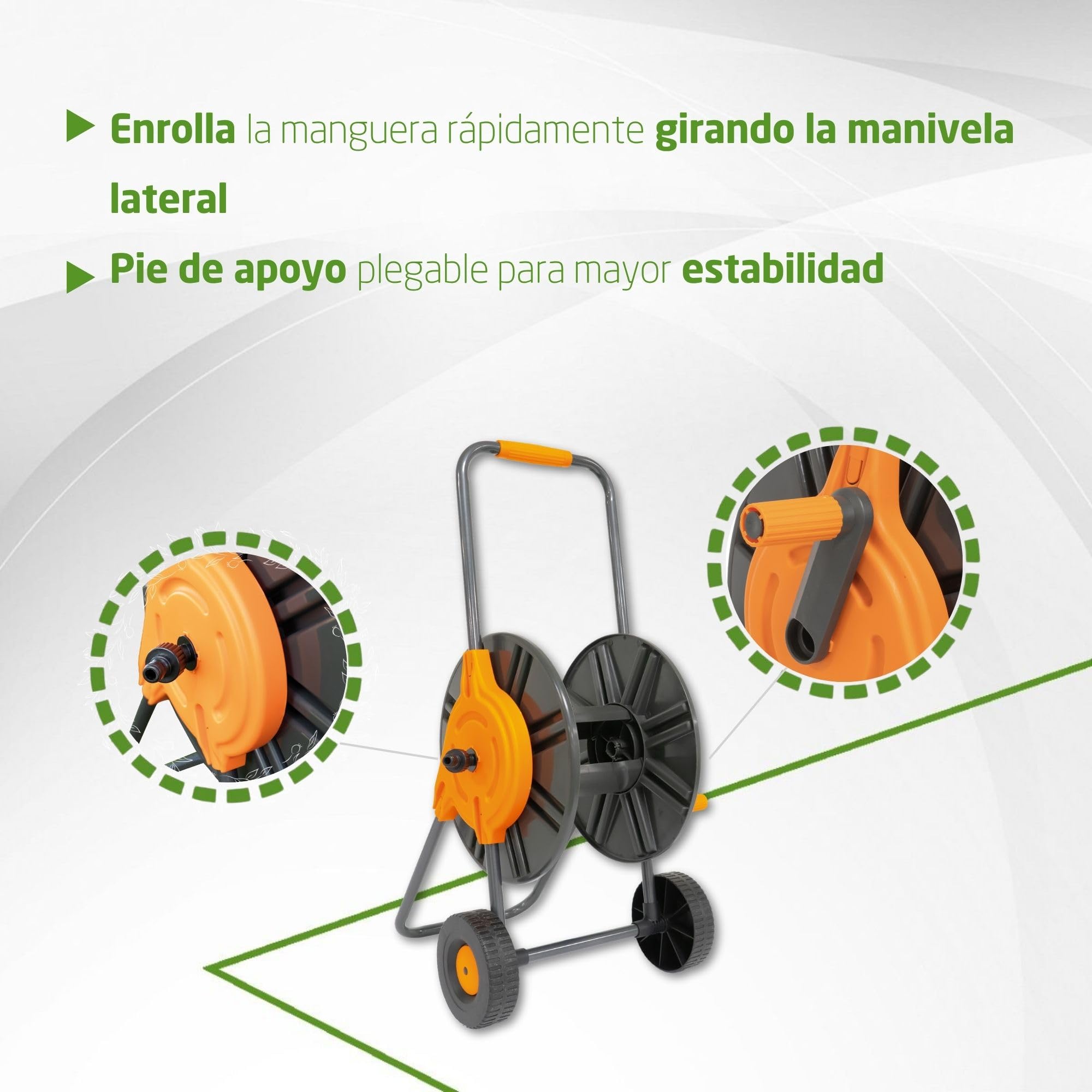 Amig - Carro Portamangueras - Para Mangueras de 1/2" - Enrollado Máximo de 60 m - Con Manivela para Enrollar Fácilmente - Polipropileno - Naranja y Gris