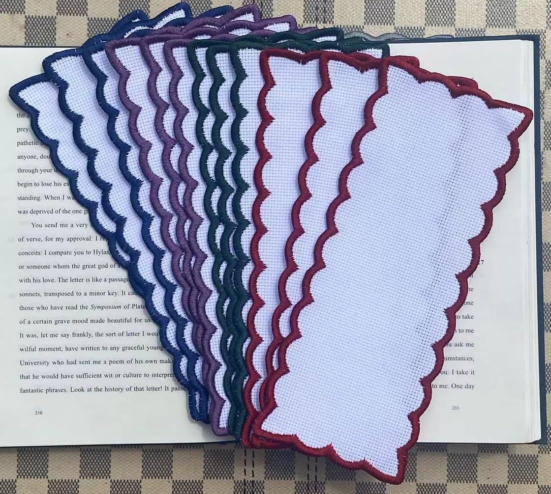 12 pcs 16count aida Fabric Christmas Colored Scallop Edged Blank Cross Stitch Bookmark for DIY,aida Fabric Edged Cross Stitch Book Mark Blank to Cross Stitch