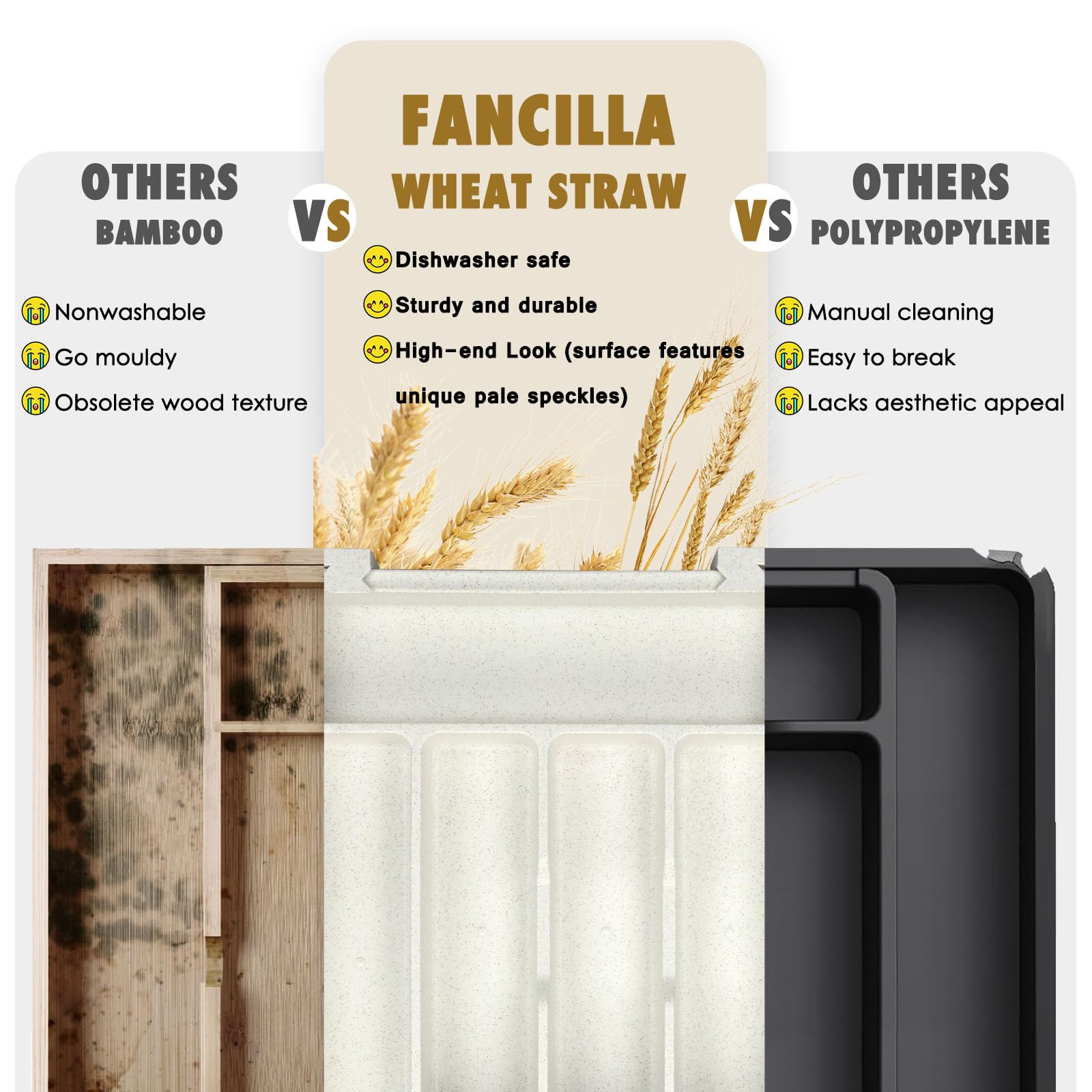FANCILLA Organizador de cubiertos de paja de trigo para cajones de cocina, organizador de cajones de utensilios de cocina, organizador de cajones de cubiertos ajustable, bandeja apta para lavavajillas