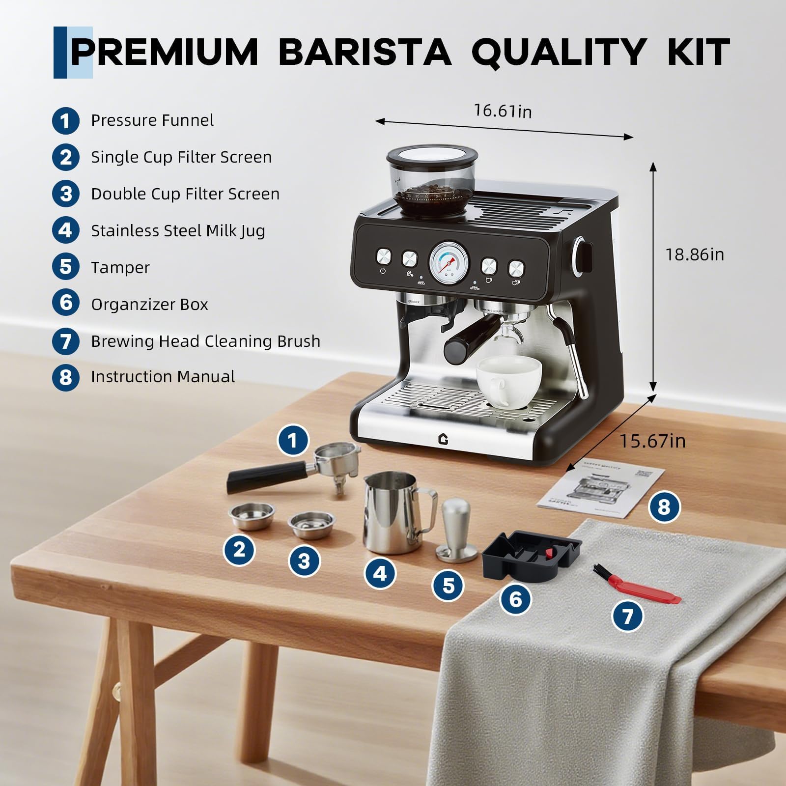 Macchina per espresso da 20 bar con smerigliatrice integrata, serbatoio rimovibile da 2,8 litri, volume di alimentazione regolabile e barra di vapore, macchina da caffè in acciaio inox