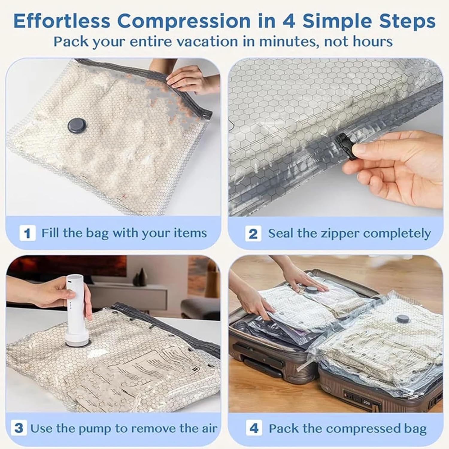 Whimsyard Vacuum Travel Bags, X7 Cordless Travel Vacuum Bag Set, Vacuums Seal Bags for Clothing Travels, Vacuum Bags for TravelS with Rechargeable Air Pump, Perfect for Carry-On Suitcases(15pcs)