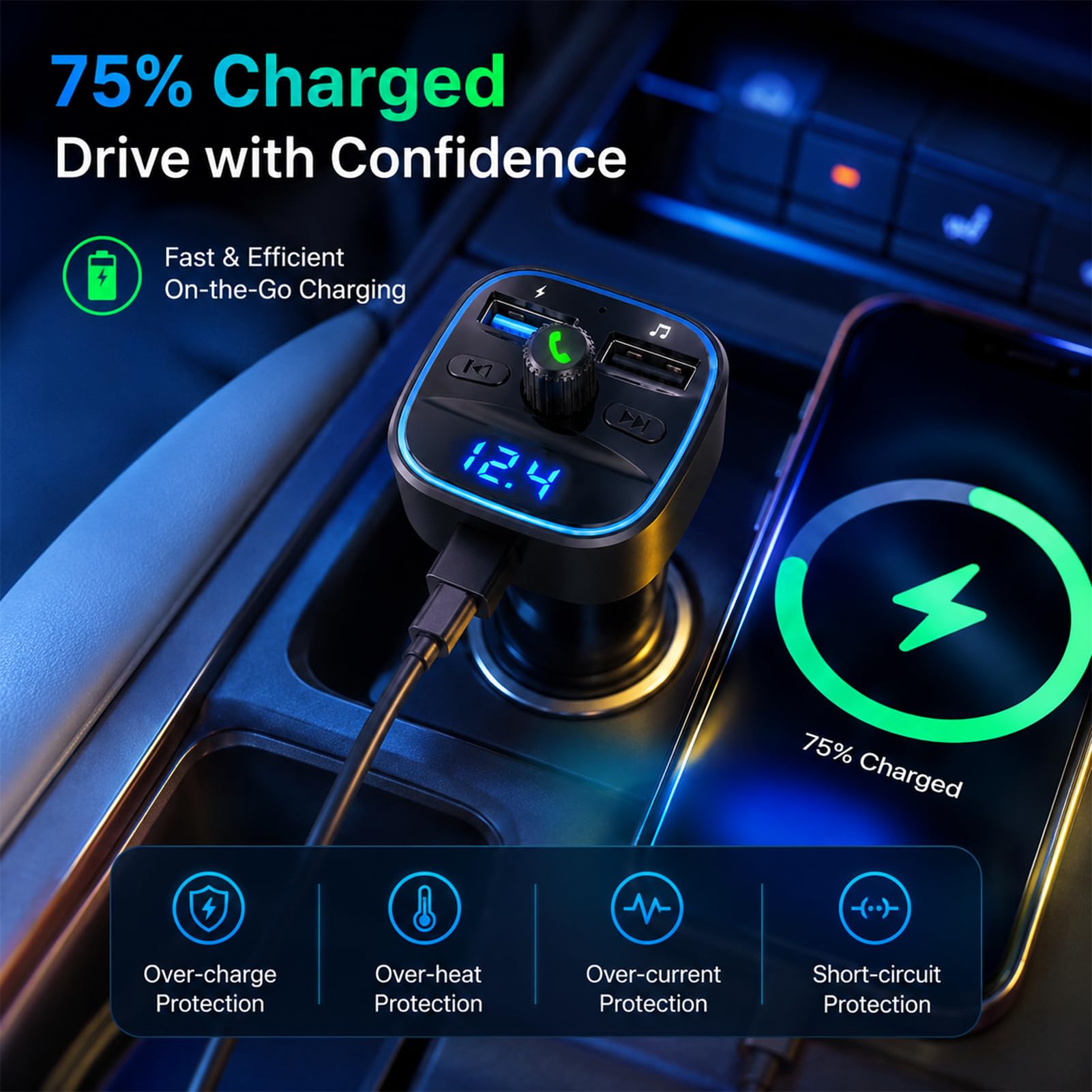 Bluetooth FM-Transmitter, Auto Bluetooth-Adapter mit Doppel-USB-Port 5V 2,4A/1A, Freisprecheinrichtung, USB- & SD-Karten-MP3-Player, Batteriespannungsanzeige, Kabelloses Audio-Autoladegerät