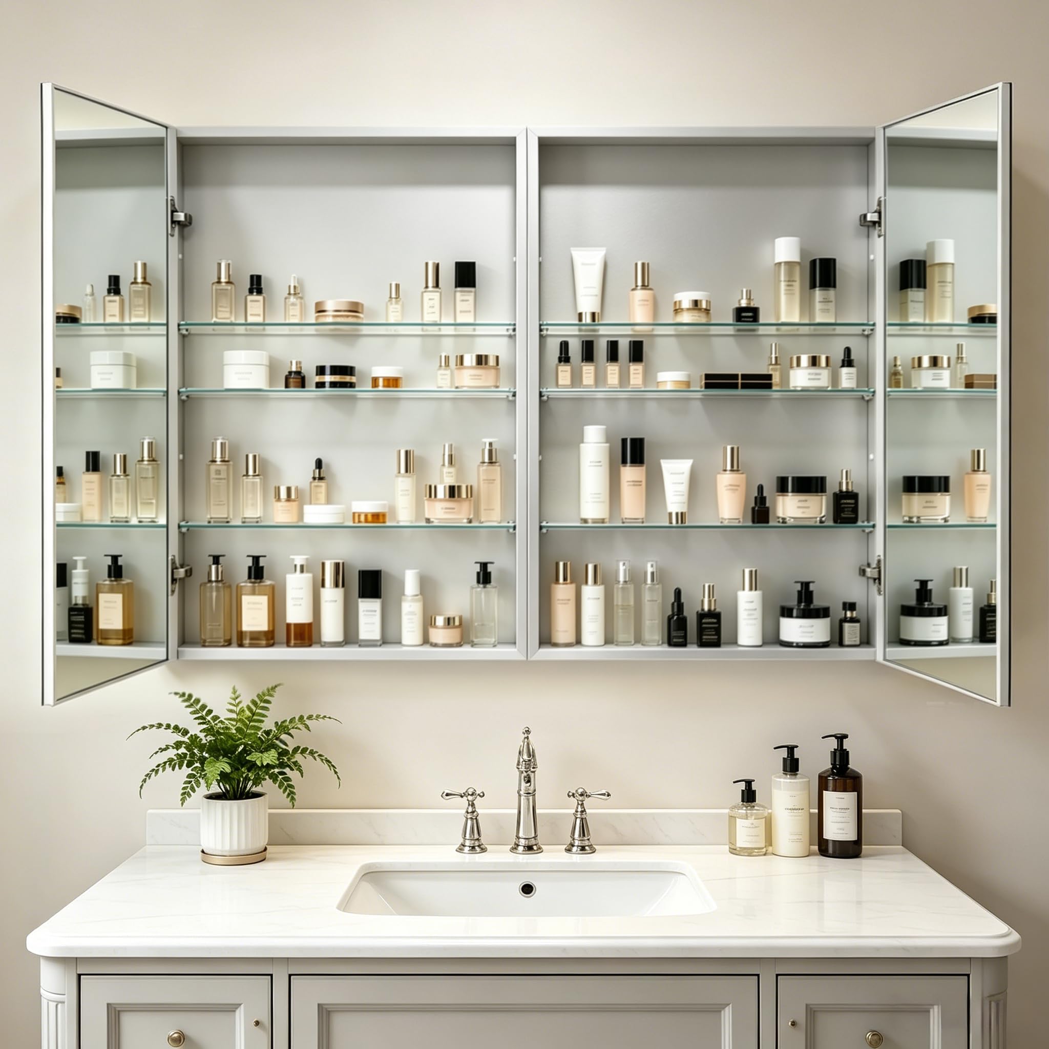 Botiquín de baño de 80 x 60 cm con espejo, marco de aluminio, ligero, resistente y atractivo, apto para empotrar o montar en la pared, estantes ajustables, vidrio templado