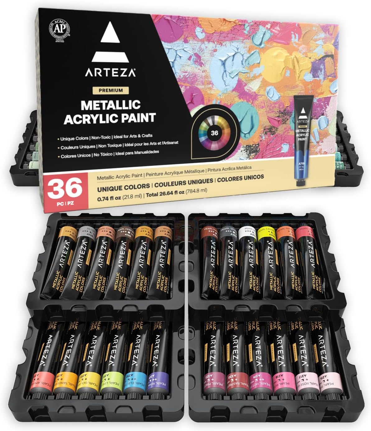 Metallic Acrylic Paint Set of 36 Colors, 0.74 ounce Tubes Artist Paints for Hobby Painters, Art Supplies for Canvas Painting