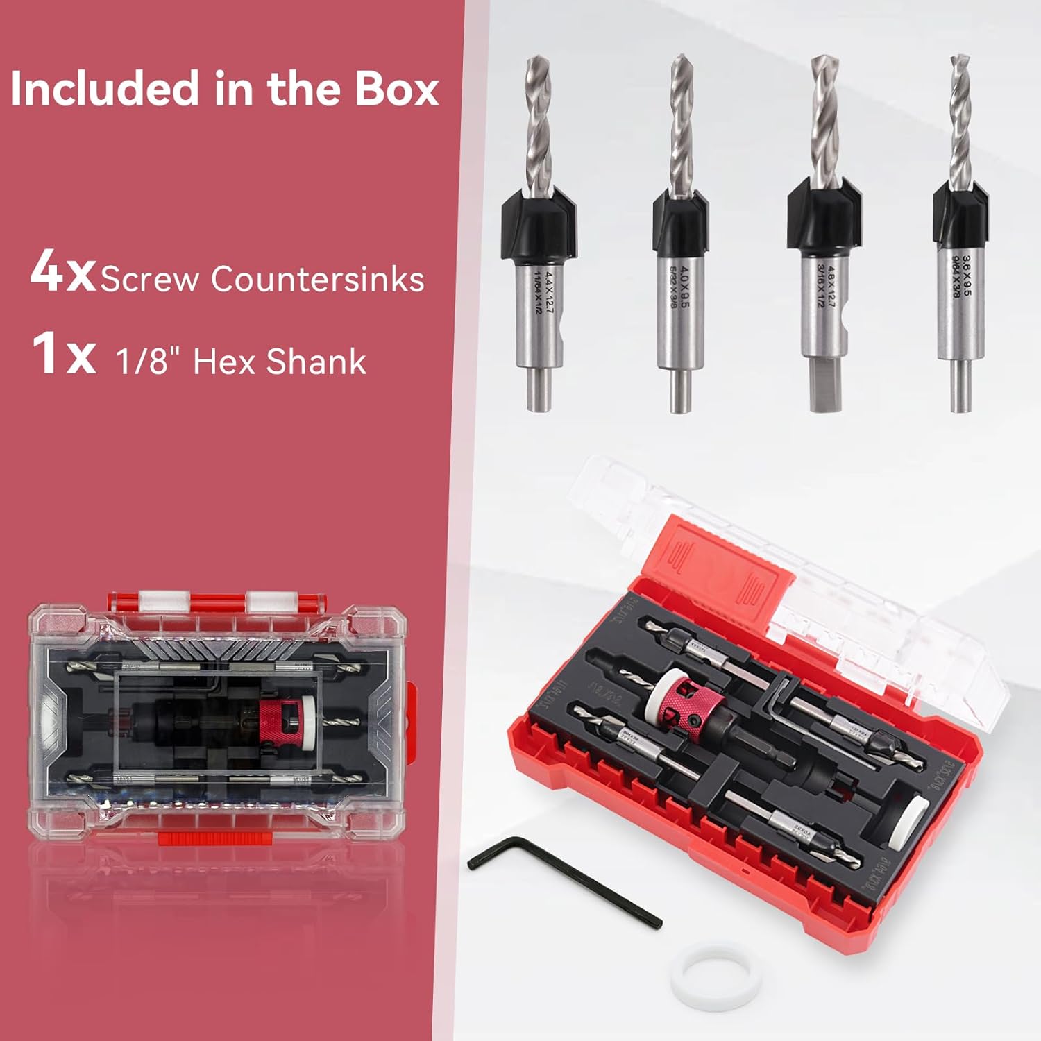 Countersink Drill Bit Set - 5 Pcs Countersink Drill Bit with Low Friction Depth Stop, HSS M2 Tapered Bits, Carbide Drill Bits 1/4” Hex Shank for Woodworking Tools