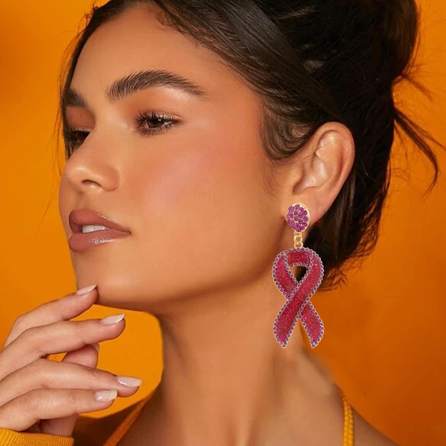 Breast Cancer Awareness Earrings For Women Pink Rhinestone Ribbon Drop Earrings Breast Cancer Earrings Gift - Image 2