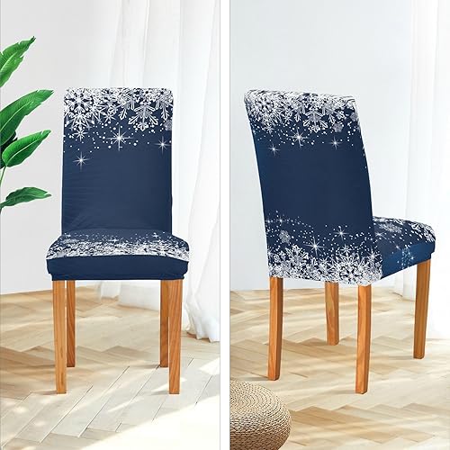 Miniatura 5 de Wajiw Juego de 2 fundas para sillas de comedor con diseño de copo de nieve azul navideño, elásticas, extraíbles y lavables, de elastano, fundas