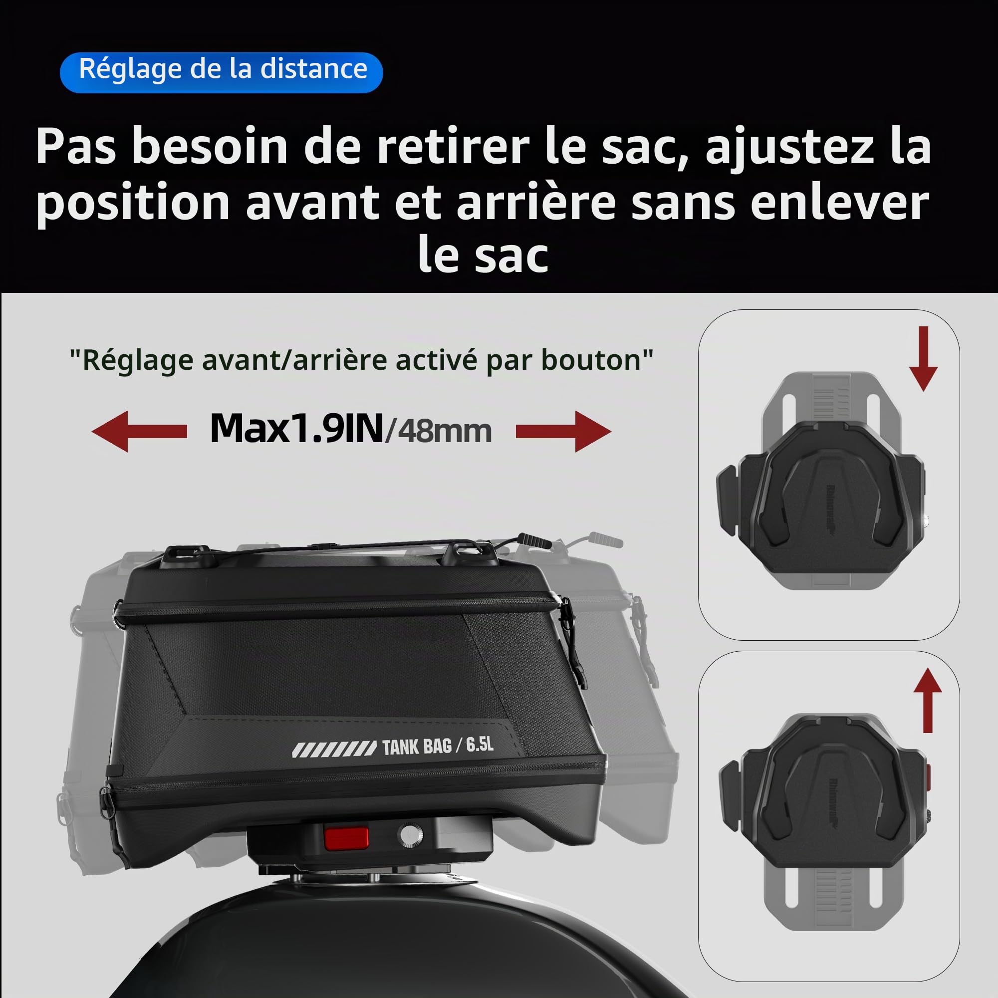 Sacoche de réservoir Rhinowalk pour moto 5L-6.5L avec aimants puissants à détachement rapide et housse de pluie, compatible avec Harley Davidson, Indian, Honda, Yamaha, Suzuki et plus - Noir