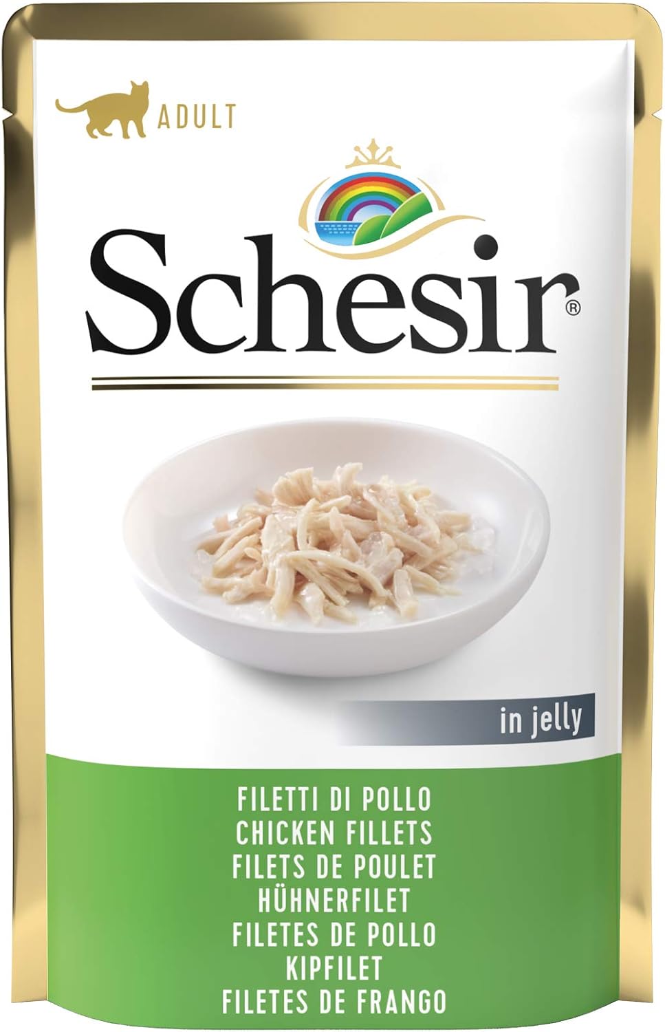 Schesir, Comida Húmeda para Gatos Adultos, Sabor filetes de Pollo en gelatina Blanda - Total 1,7 kg (20 Sobres x 85 gr)
