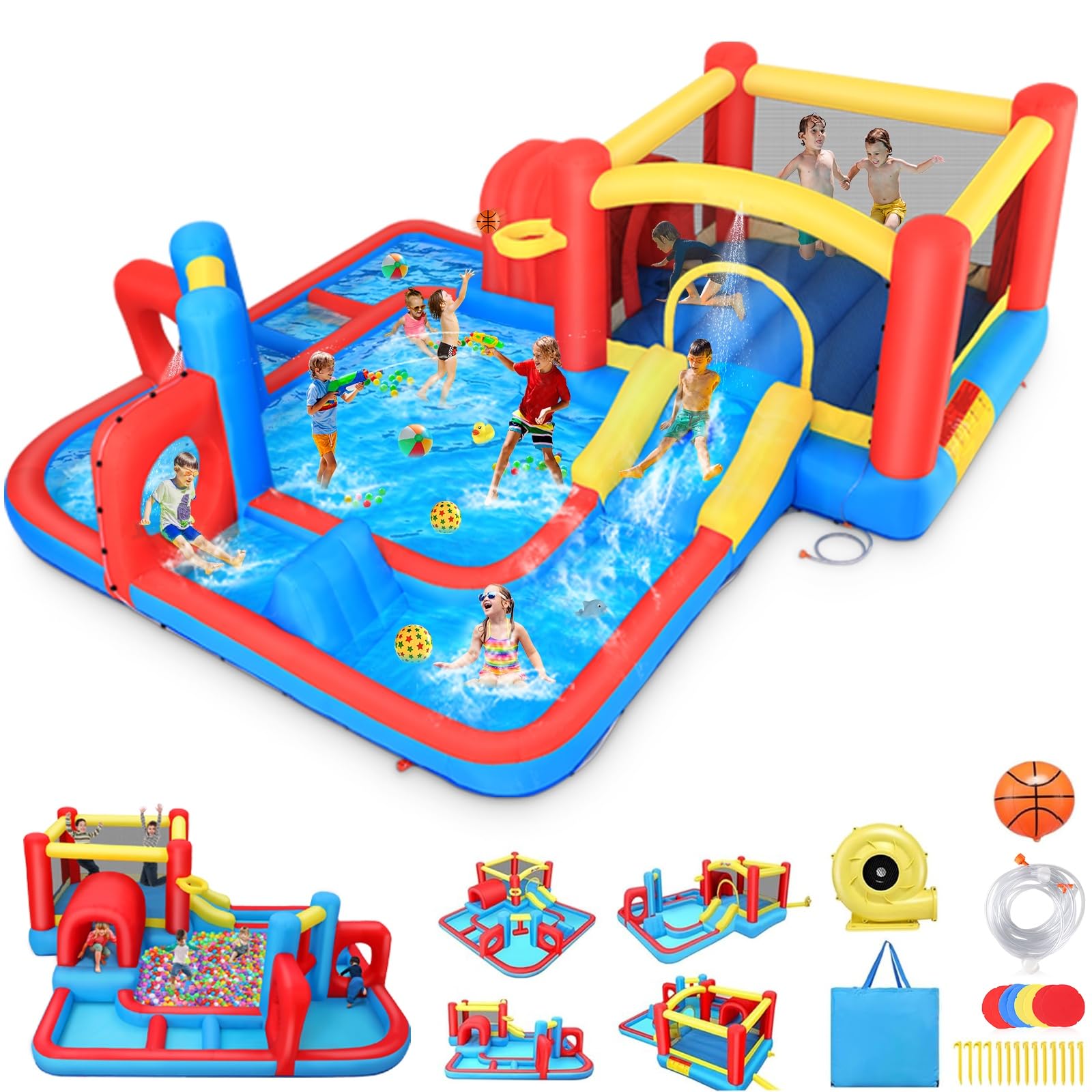 Inflatable Bounce House Water Slide, 14.3x14.3FT Maze Waterpark Obstacle Course w/Jump Area, Splash Pool, Obstacle, Slide, Punching Bag, Basketball