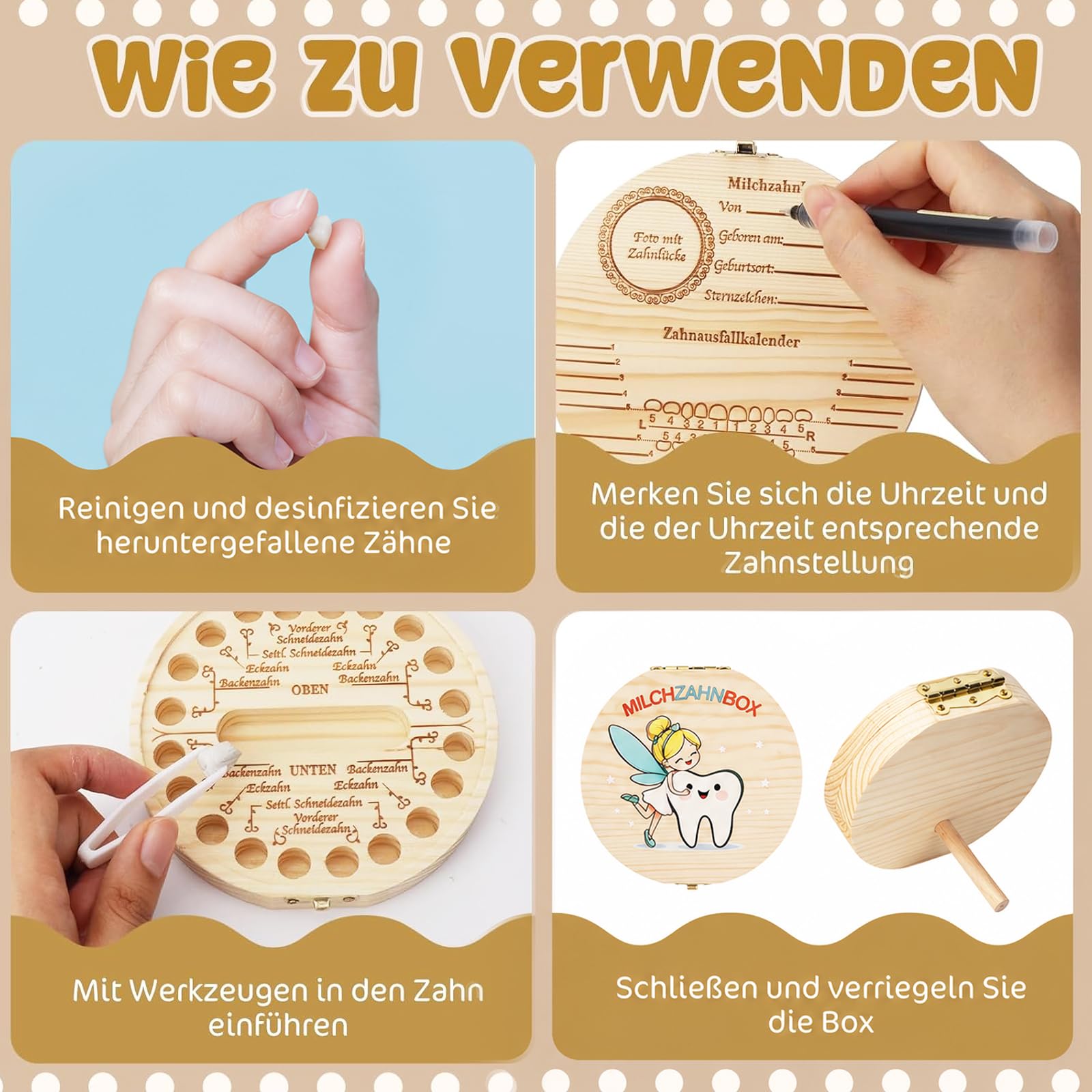 Caja de dientes de leche con motivos coloridos para niños y niñas, juego de regalo con 2 monedas, caja de dientes personalizable para dientes de leche, regalo para el tiempo