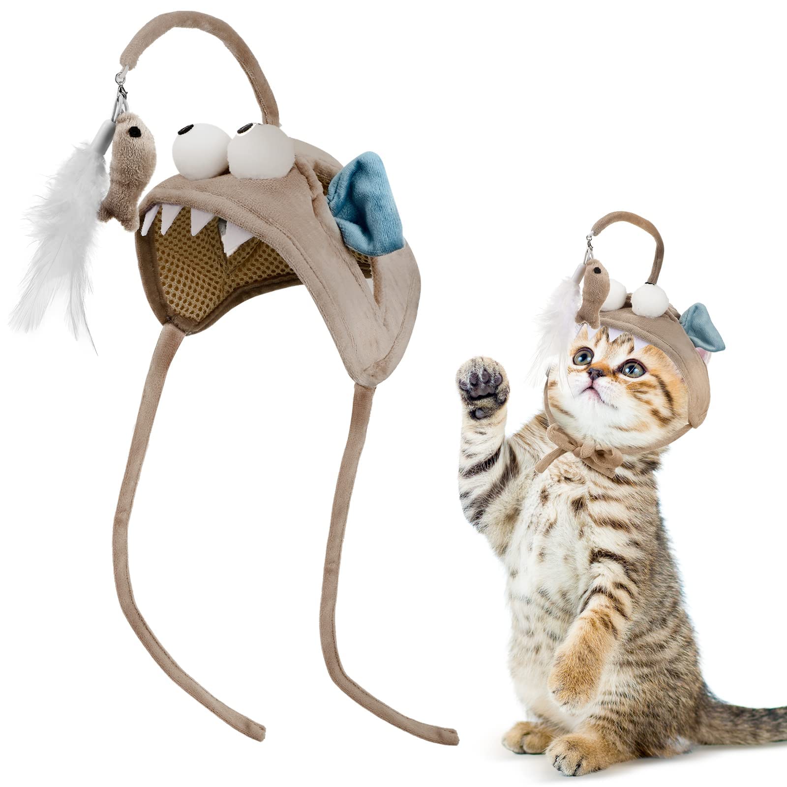 Cat Teaser Head Mounted Interactive Cat Toys Adjustable Hat Design Cat Wand Wearable Cat Feather Toys Interactive Cat Hat Toys for Indoor Cats Interactive Training Chasing Play, Grey
