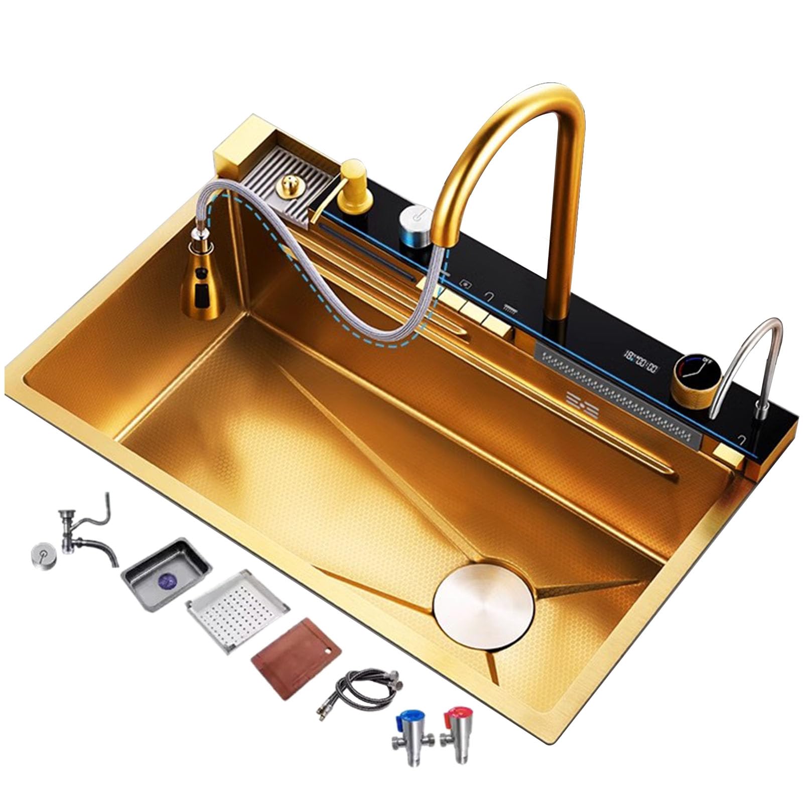 YADZISW Stainless Steel Kitchen Sink with Waterfall Faucet Gold/Black/White Single Bowl Multi Function Design Complete Accessories 68x46x22cm Elegant & Durable Upgrade