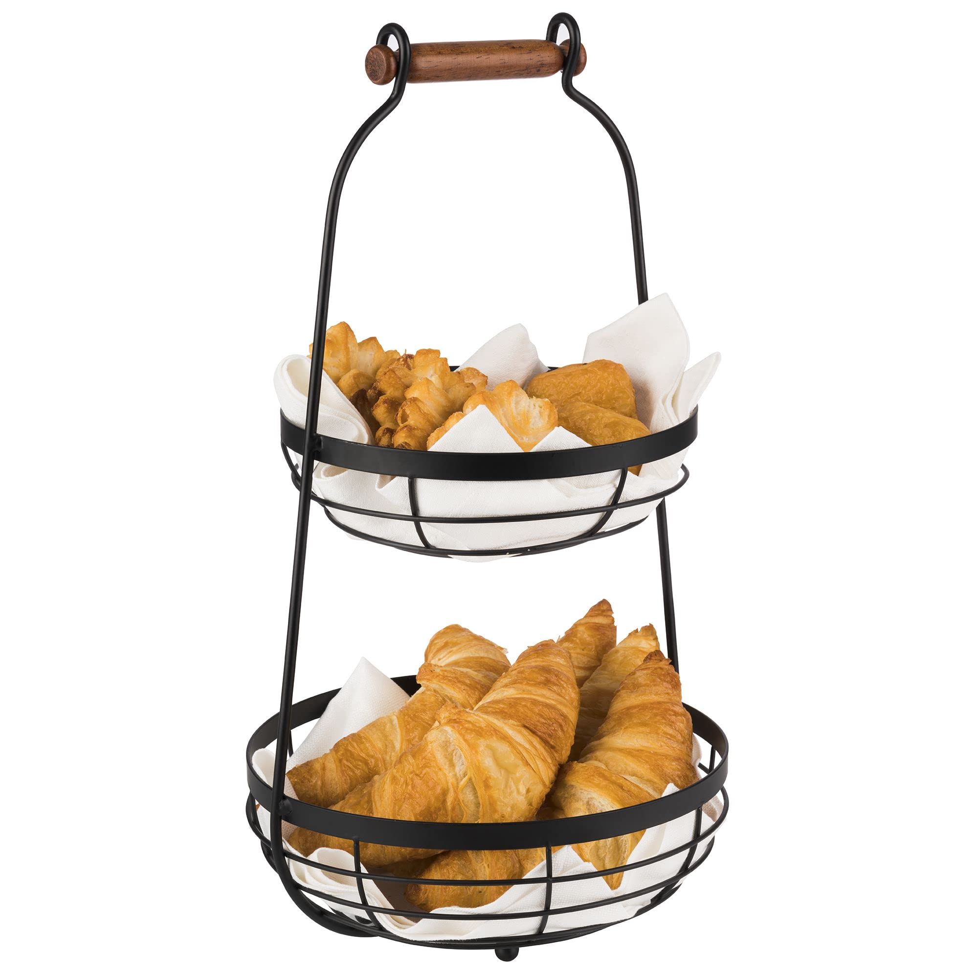 APS Telaio da portata con due cesti e manico in legno, 2 livelli in metallo, nero, altezza 48 cm, diametro 26 cm