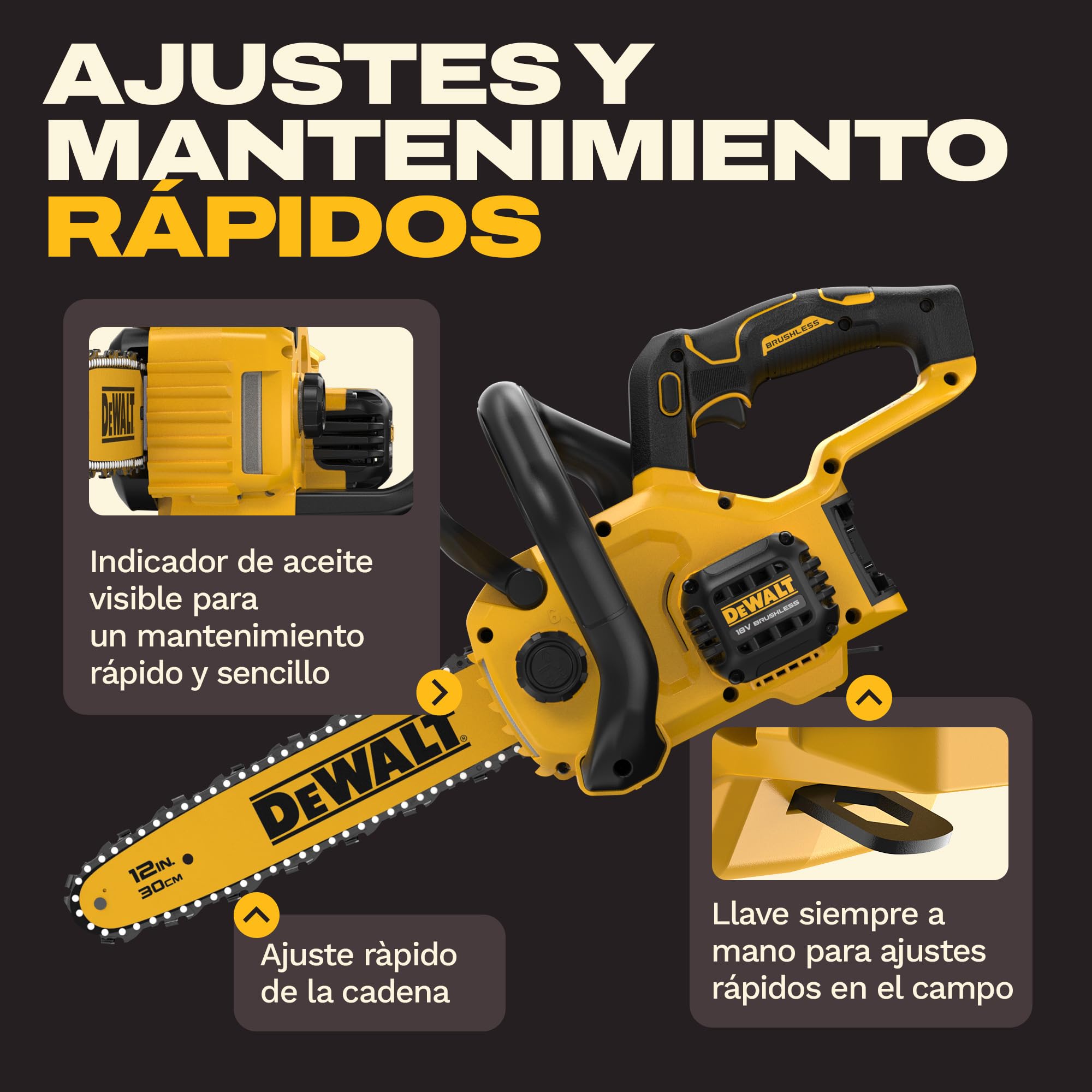 DEWALT Motosierra Compacta sin escobillas XR 18V 30cm, Solo herramienta, DCMCS565N-XJ