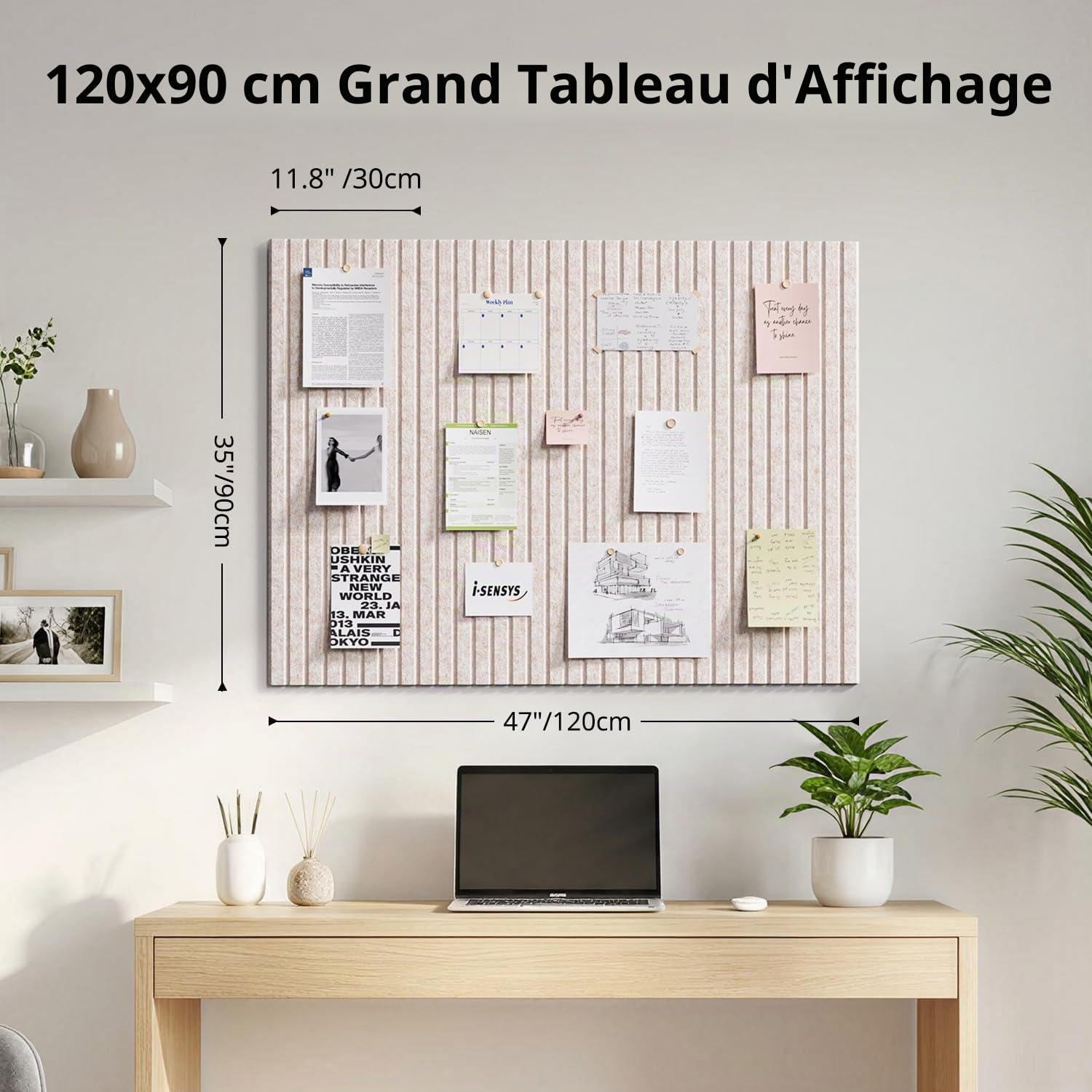 120x90cm Grand Panneau Feutre Auto-Adhésif 12 Pièces Panneau Feutré, avec 60 Pads Adhésifs Doubles, Tableau Décoratif Memo Boards Bulletin Board pour Bureau Cuisine Chambre Enfant(beige)