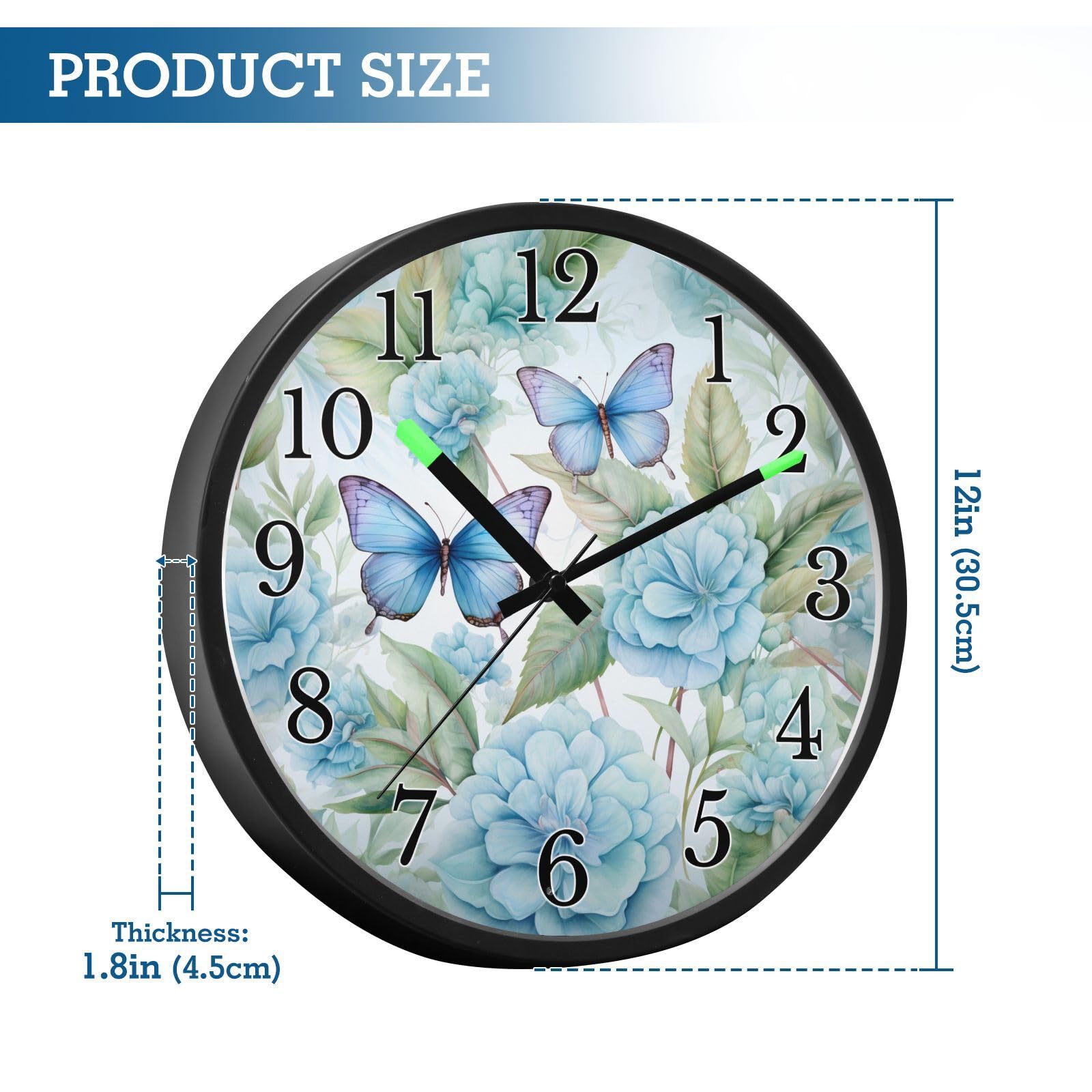 Mnsruu Reloj de pared luminoso con diseño de flores y mariposas, color azul, funciona con pilas, silencioso, brilla en la oscuridad, para sala de estar, cocina, 12 pulgadas