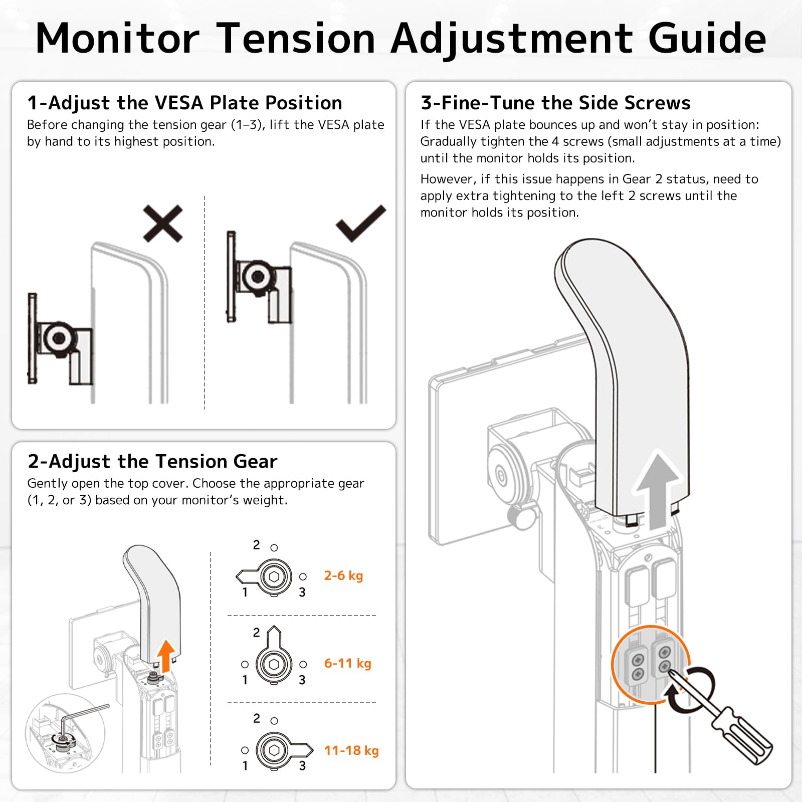 PUTORSEN Supporto per monitor da 17 – 49 pollici, supporto singolo per braccio per monitor può contenere 2 – 18 kg, regolazione dell'altezza senza sforzo con inclinazioni, girevole, girevole, VESA 75