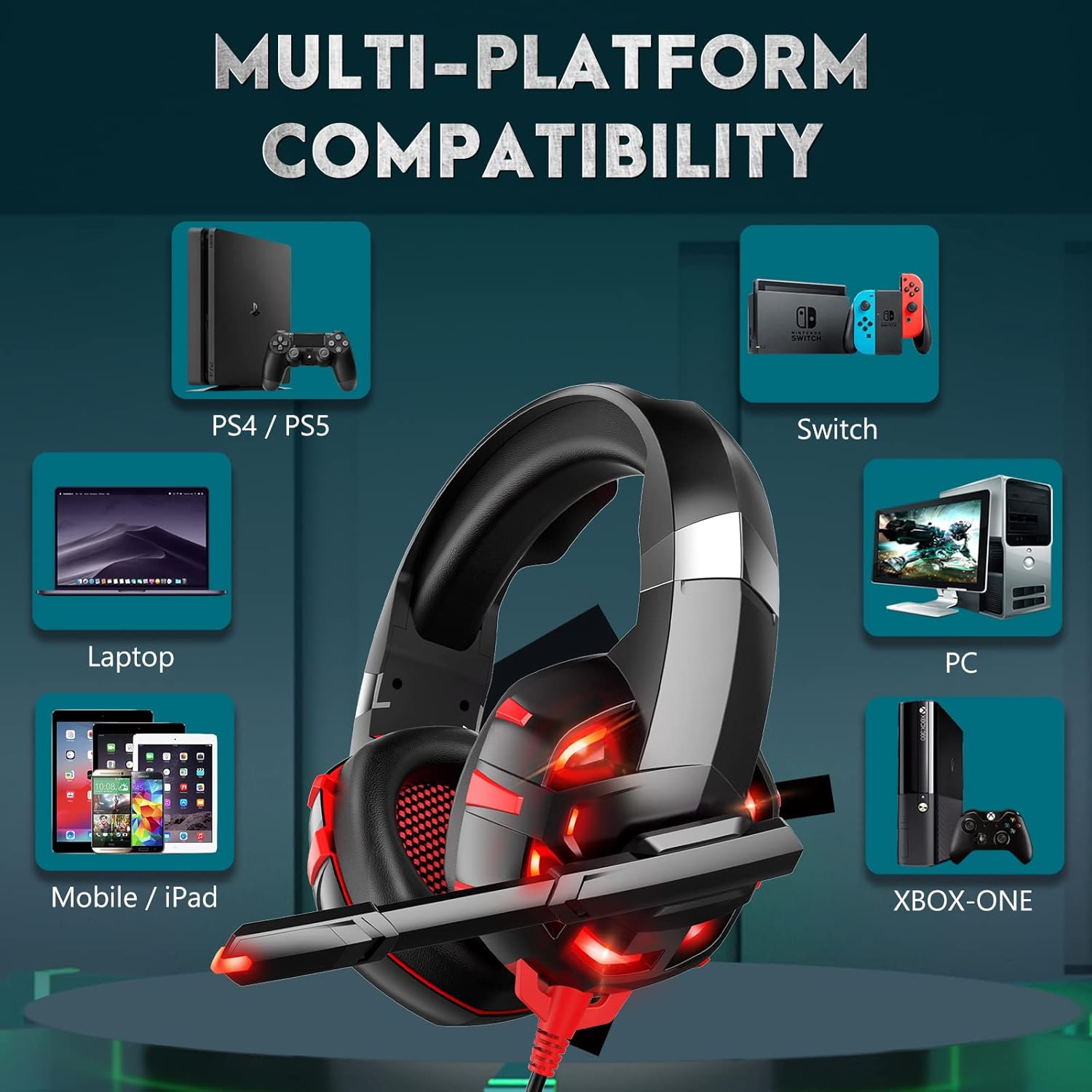 Gaming Headset Gaming Headphones with Microphone K2PRO Noise Canceling 7.1 Surround Sound Stereo Bass LED Lights Over-Ear 3.5mm for PS4 PS5 PC Xbox One (Adapter Needed)