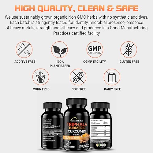 Miniatura 6 de Curcumina de cúrcuma Triphala 1950 mg con pimienta negra, 100 cápsulas veganas, suplemento dietético digesto y desintoxicante