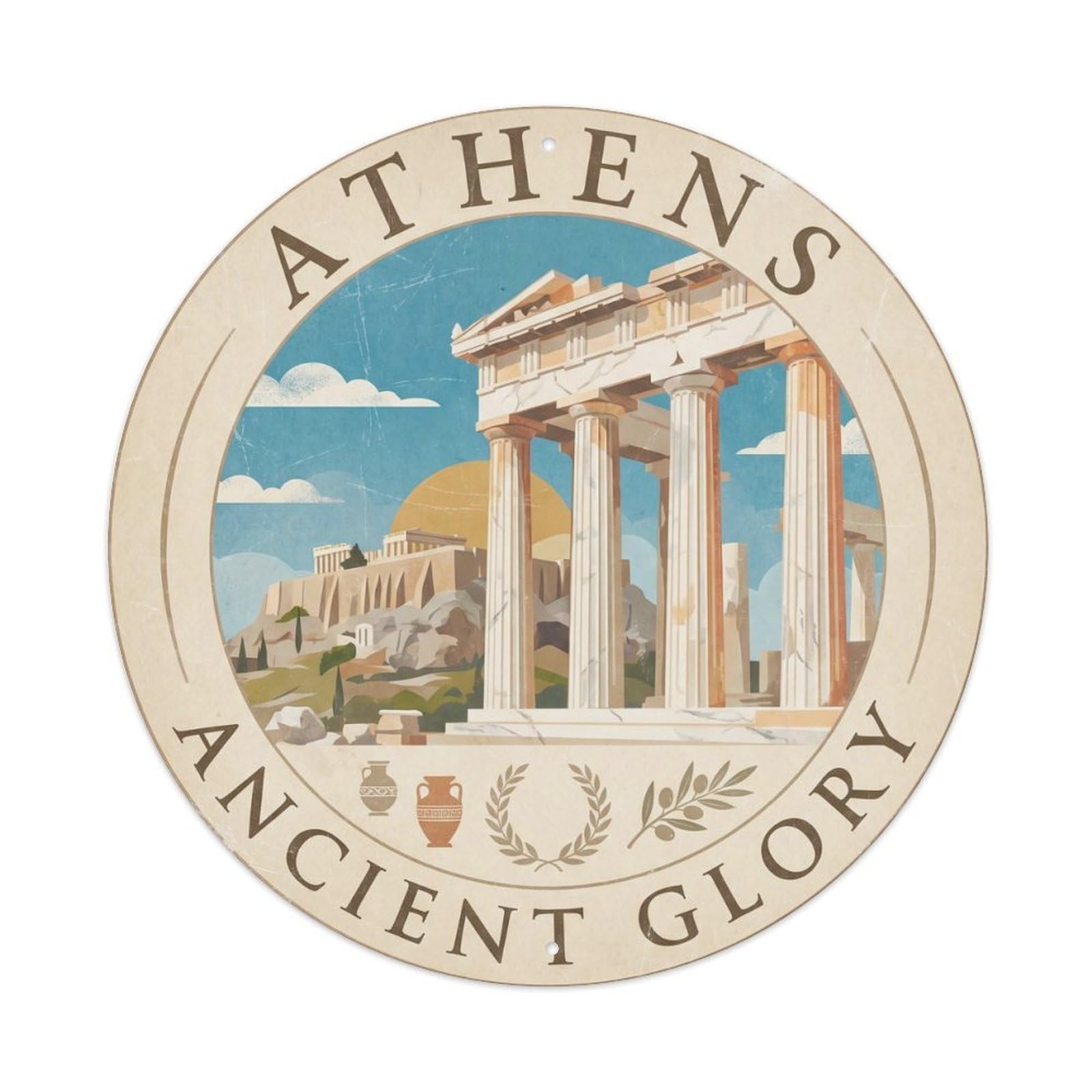 Vintage Travel Athens Parthenon Columns Metal Tin Sign Plaque Wall Decor for Cafe, Club, Garden Round Metal Poster 8x8Inch