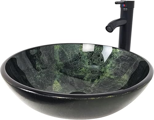 Miniatura 19 de YIMAI Lavabo de Vidrio Negro 16.5" x 16.5" x 5.5" – Vidrio Templado Sobre Encimera Lavabo Redondo para Baño Tazón de Encimera Lavabos Modernos